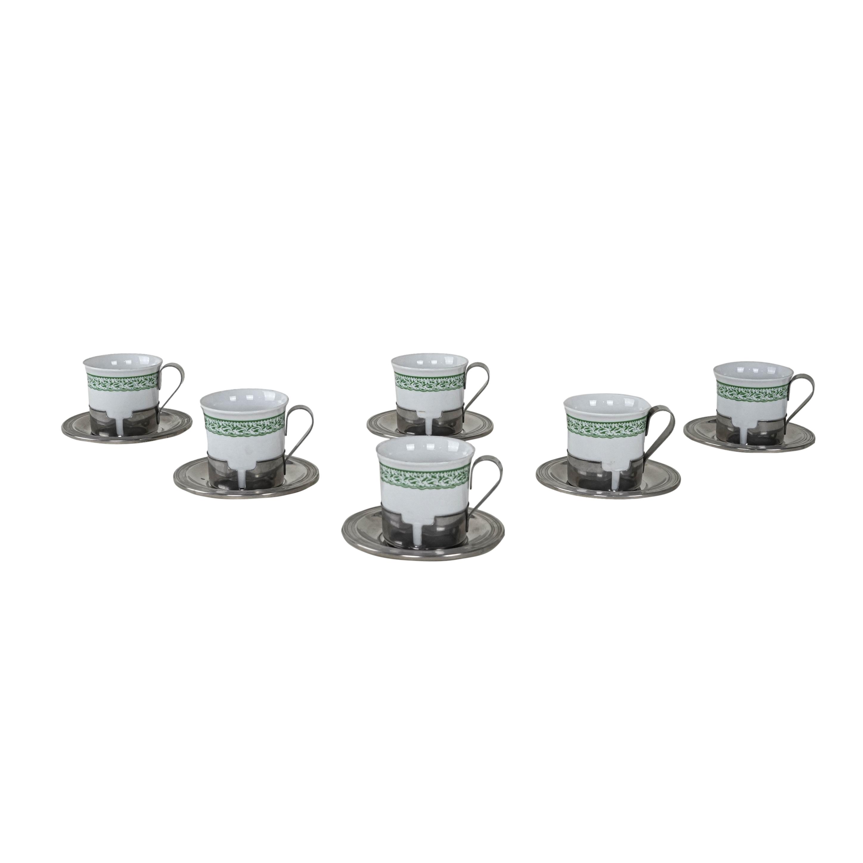 Espressotassen-Set Porzellan Silber Weiß 1980er Jahre