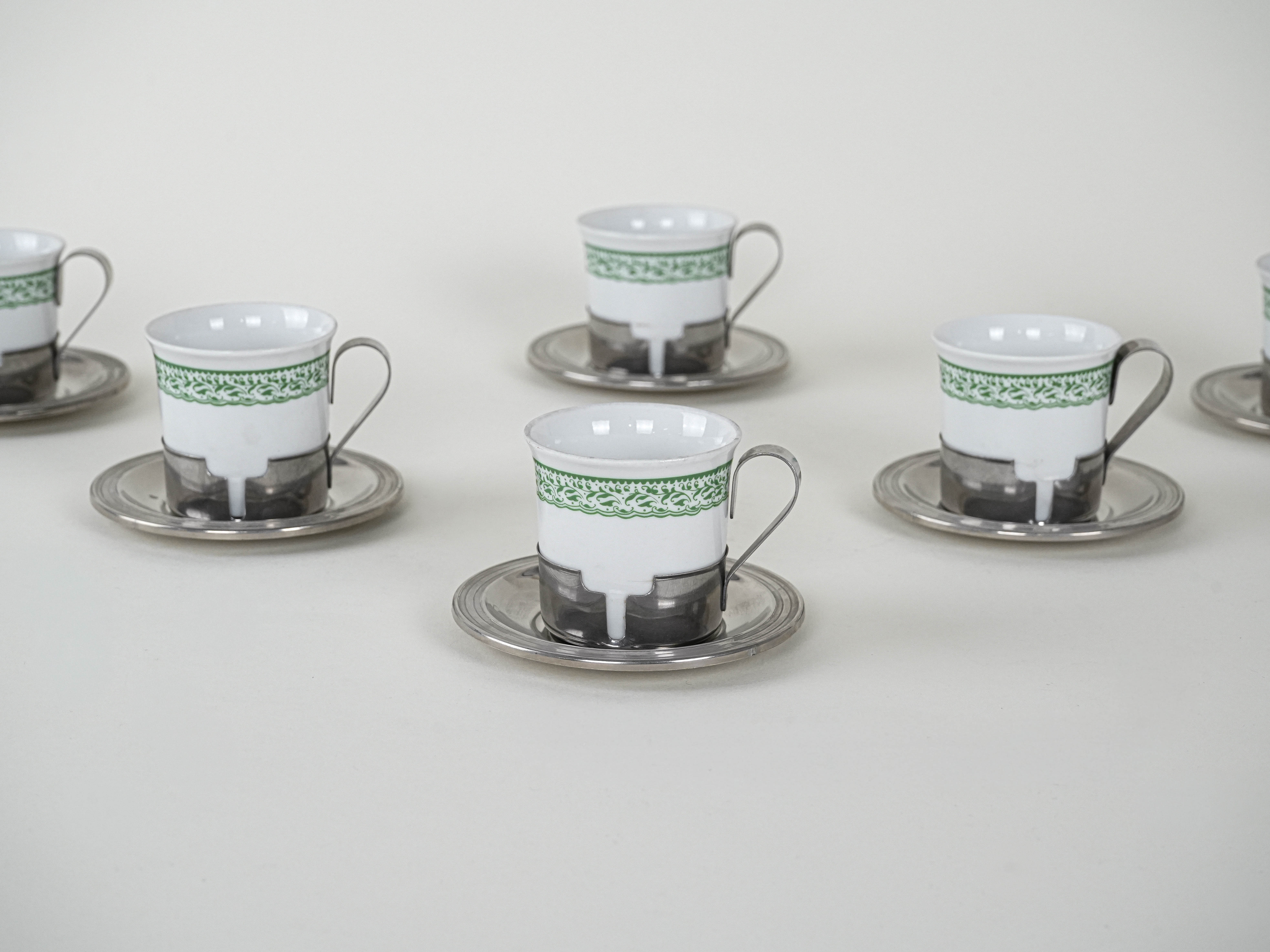 Espressotassen-Set Porzellan Silber Weiß 1980er Jahre