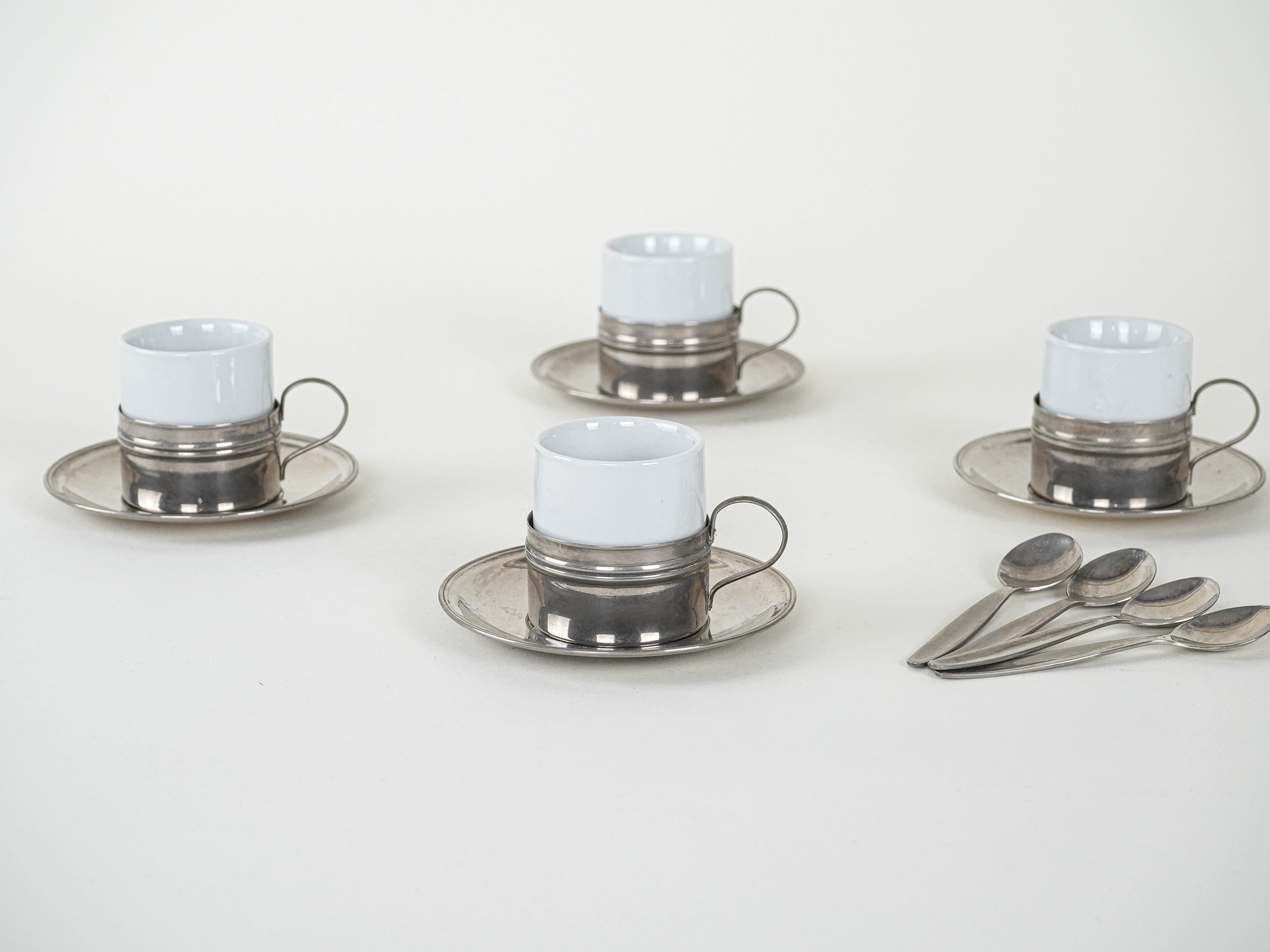 Espressotassen-Set Porzellan Silber Weiß 1980er Jahre