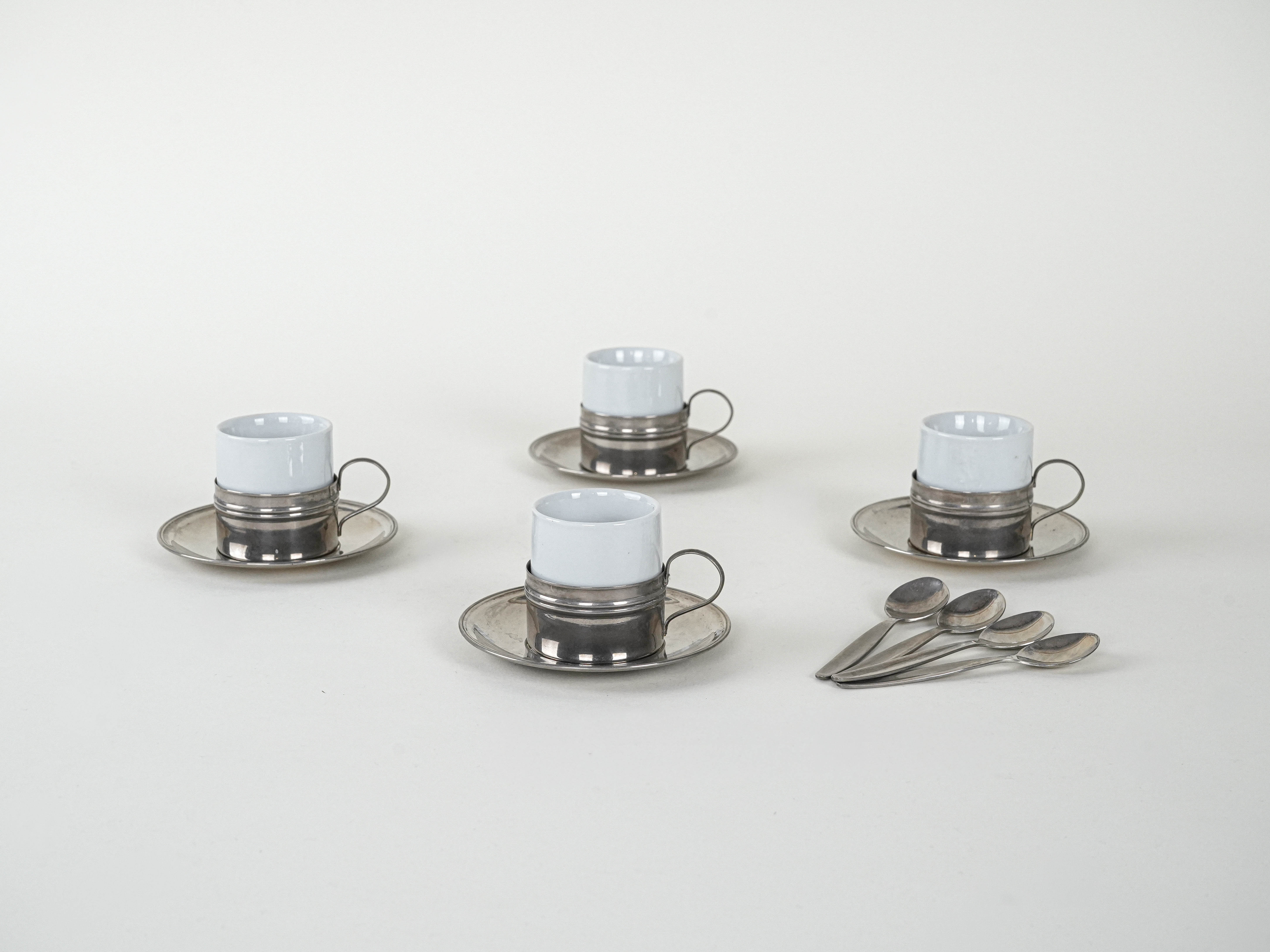 Espressotassen-Set Porzellan Silber Weiß 1980er Jahre