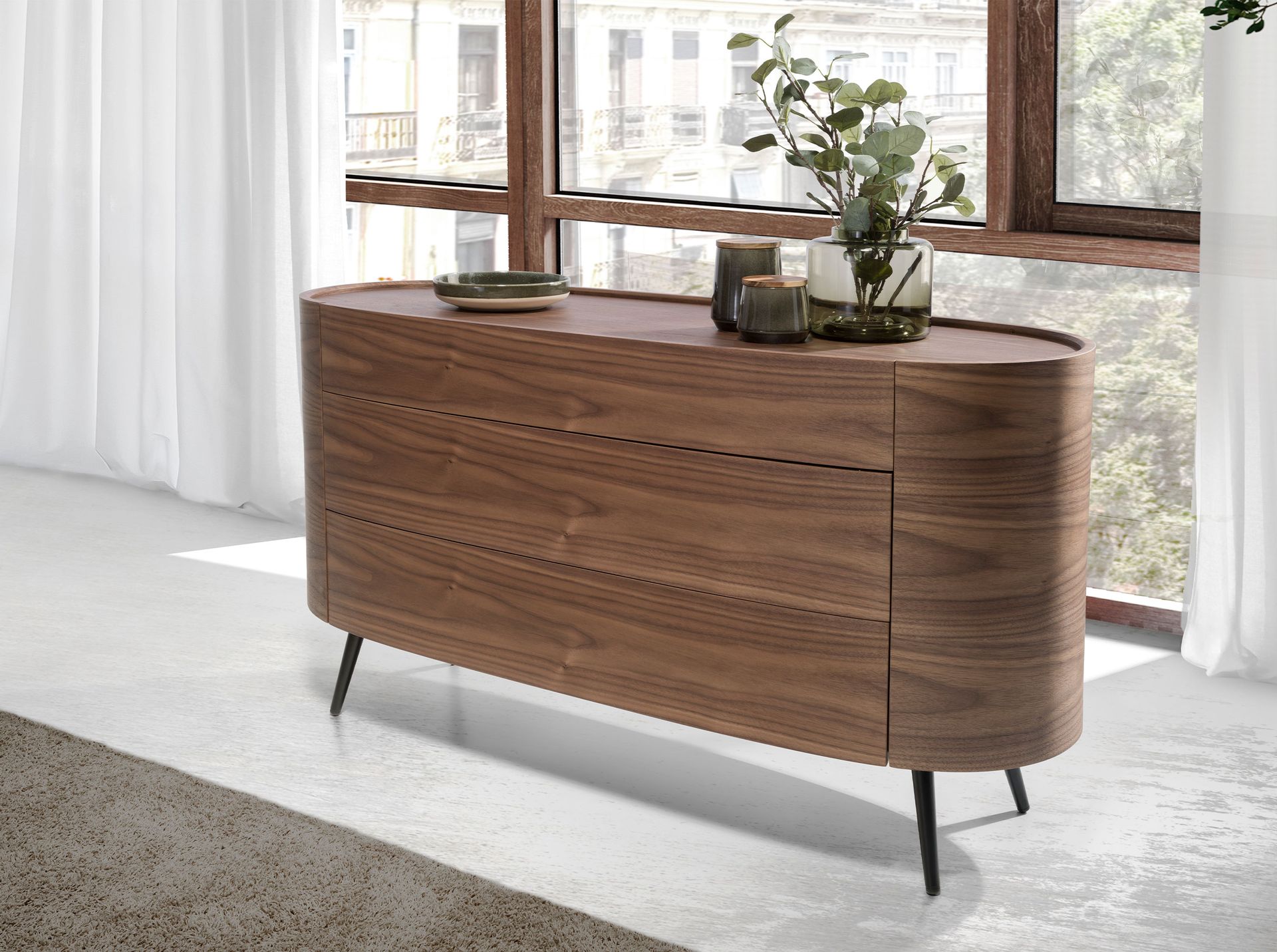 Walnut and black steel chest of drawers 7075