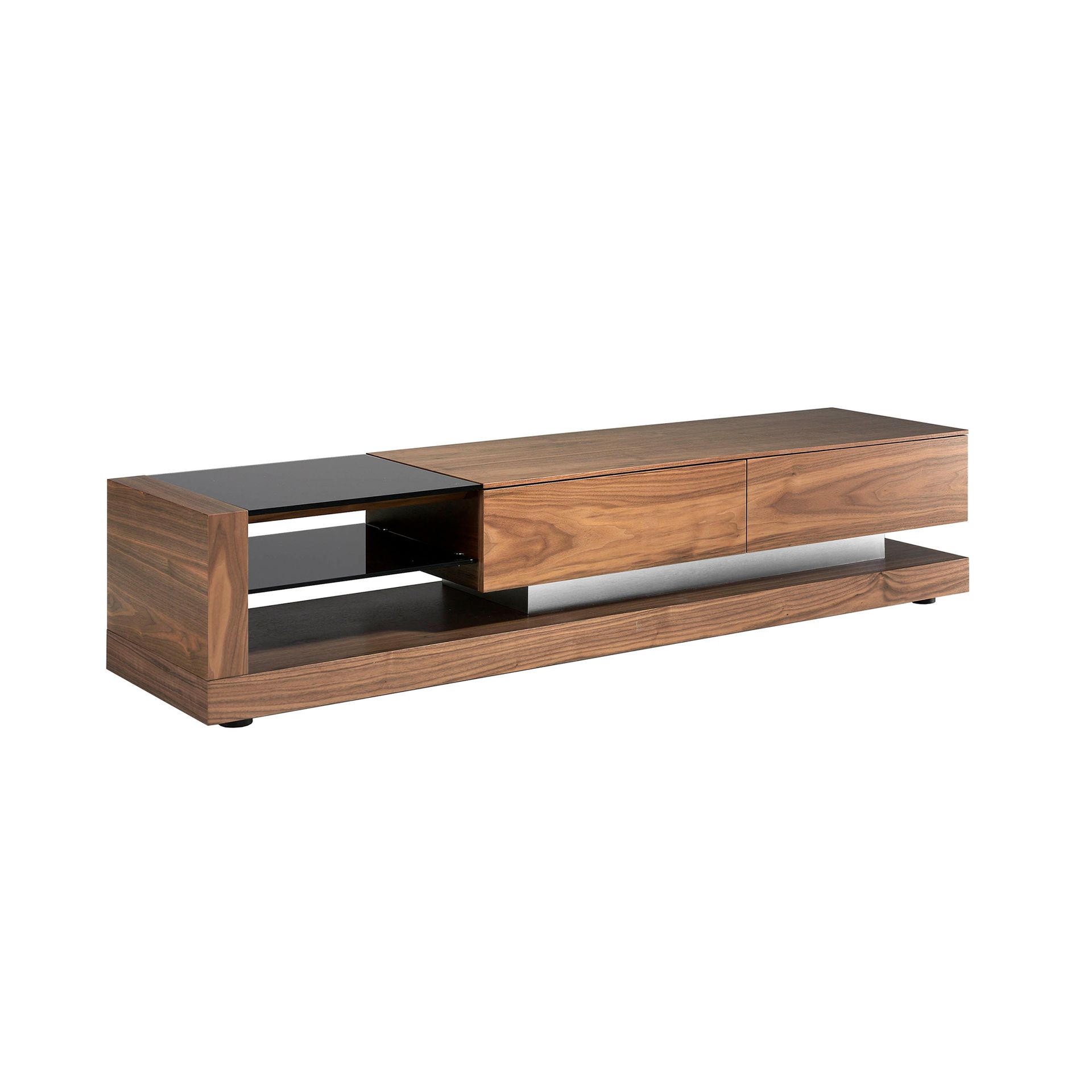 TV cabinet walnut, polished steel and black glass top 3139