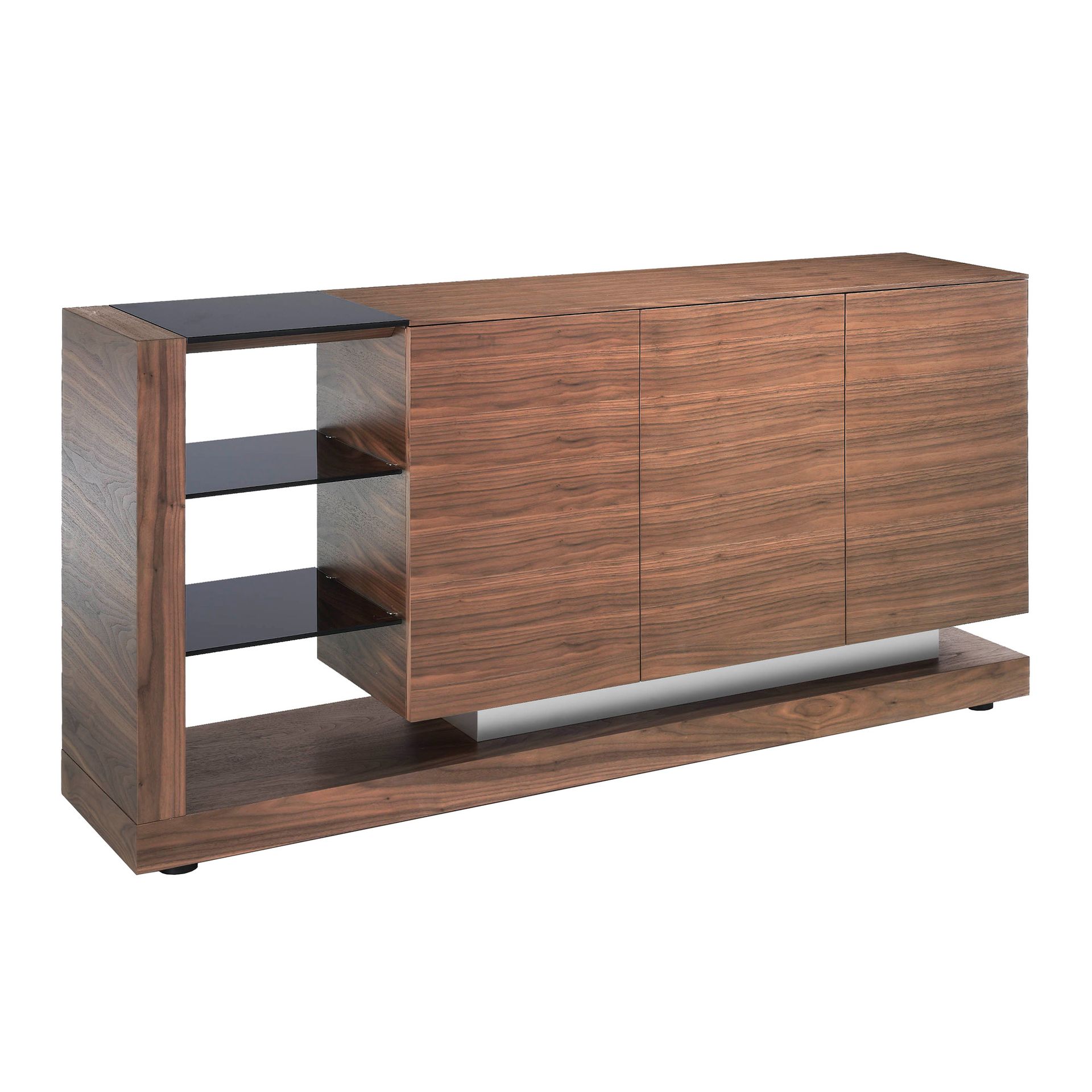 Sideboard walnut, brushed steel and black glass top 3140