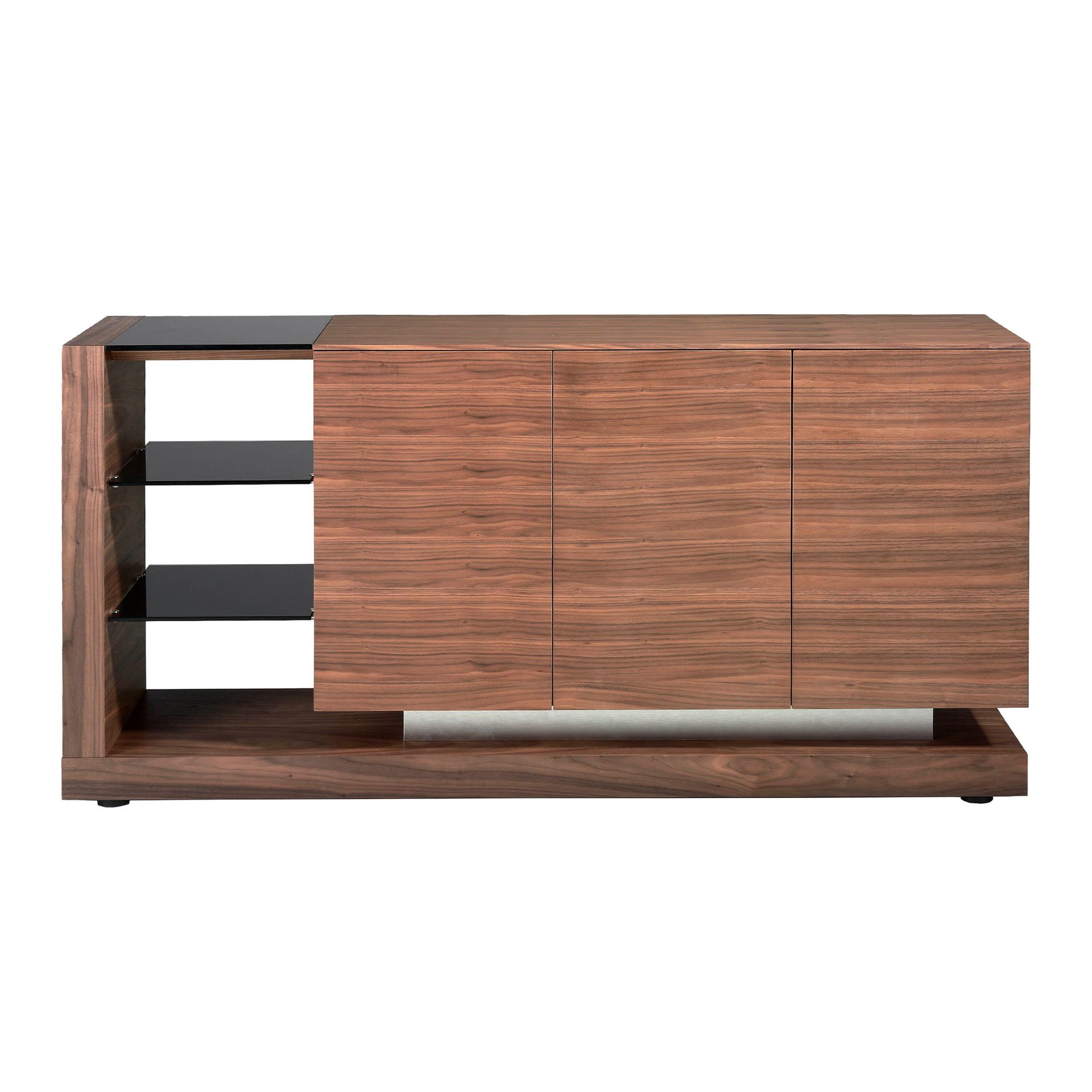 Sideboard walnut, brushed steel and black glass top 3140