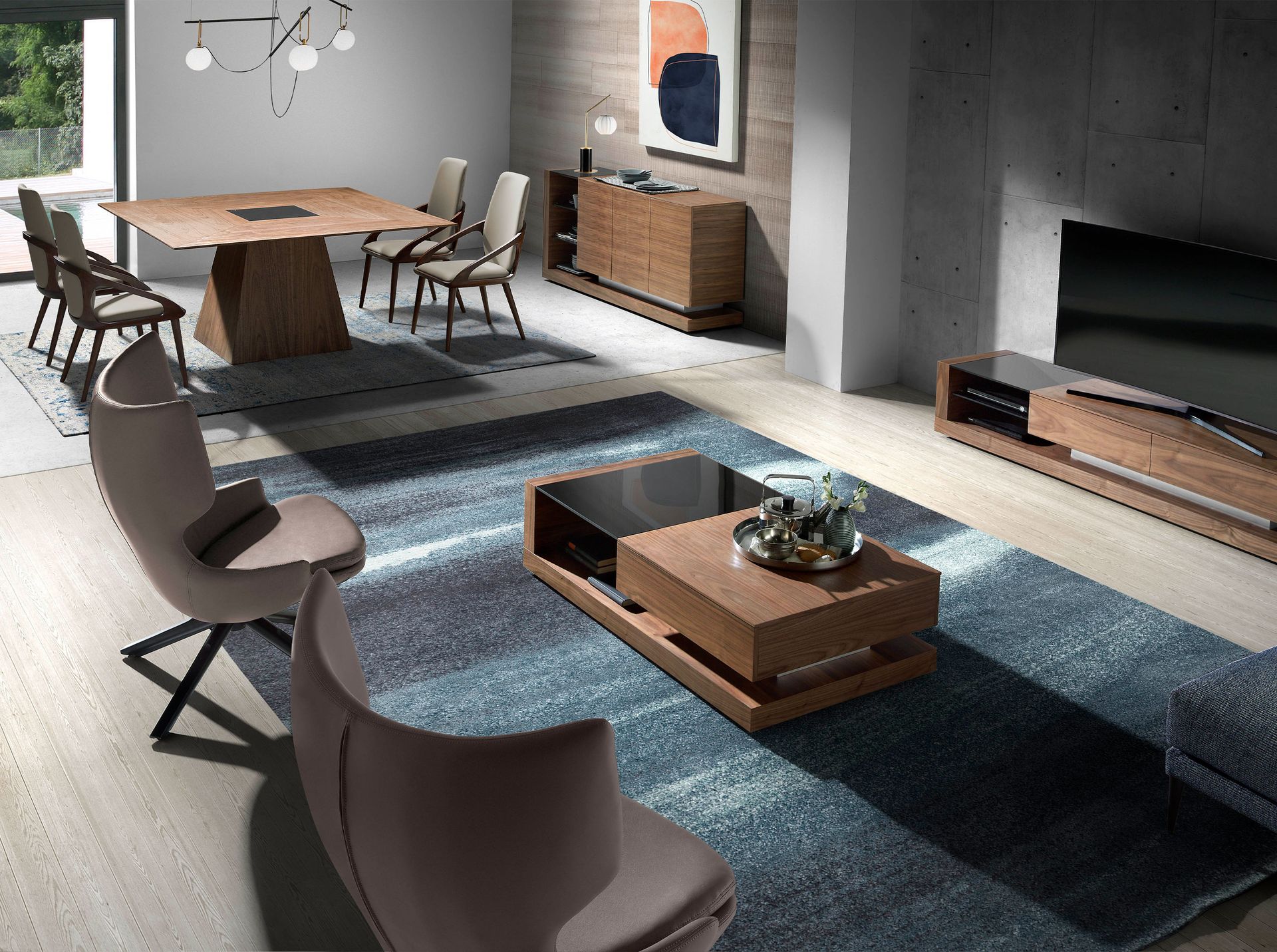 Sideboard walnut, brushed steel and black glass top 3140