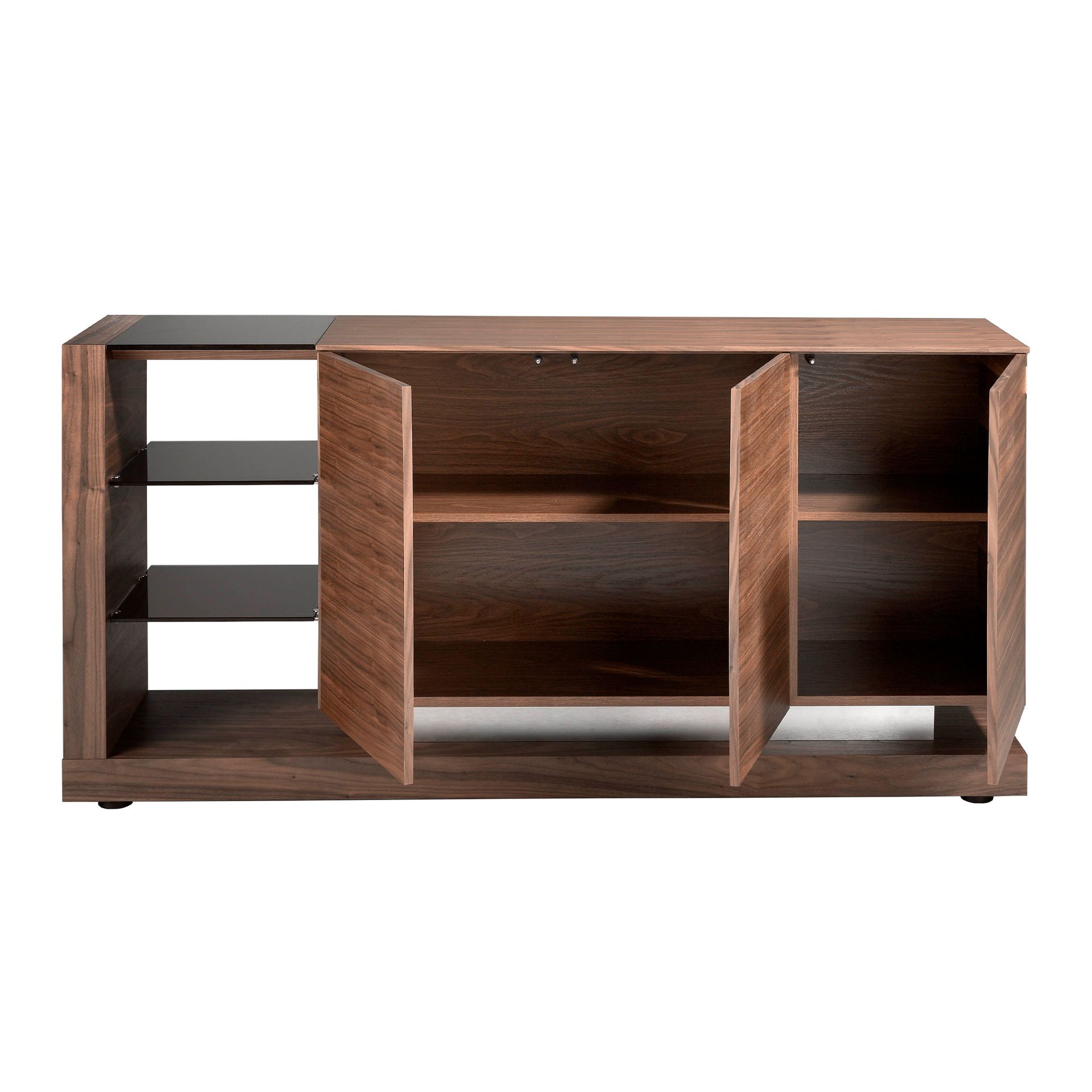 Sideboard walnut, brushed steel and black glass top 3140