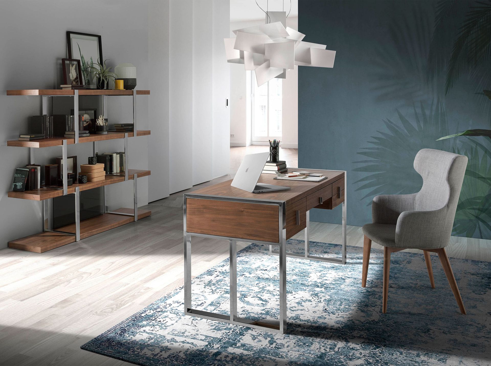 Walnut and chrome-plated steel desk 3135
