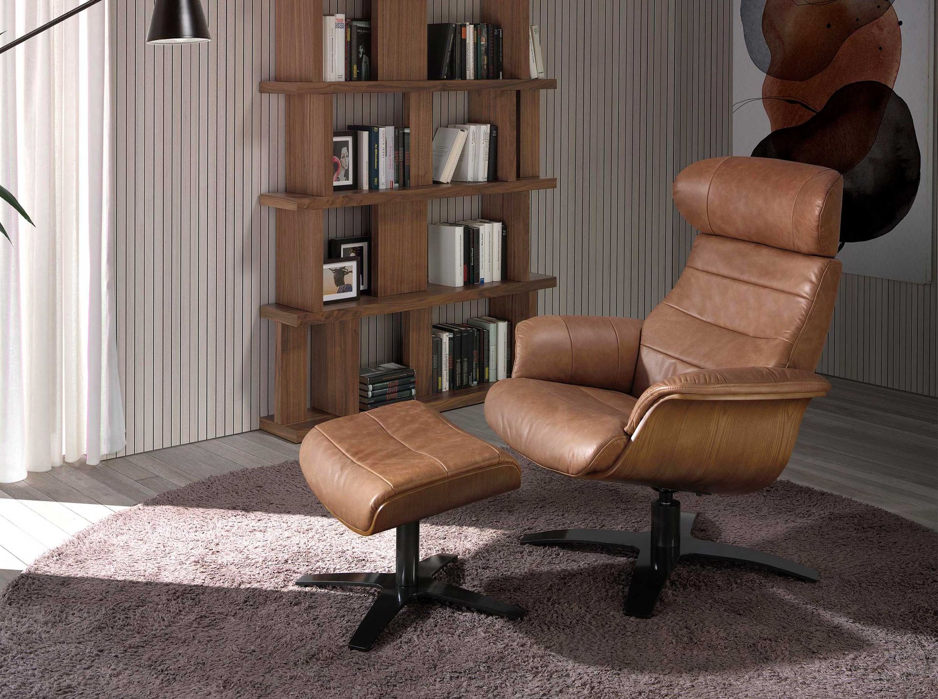 Reclining swivel armchair in brown leather 5083