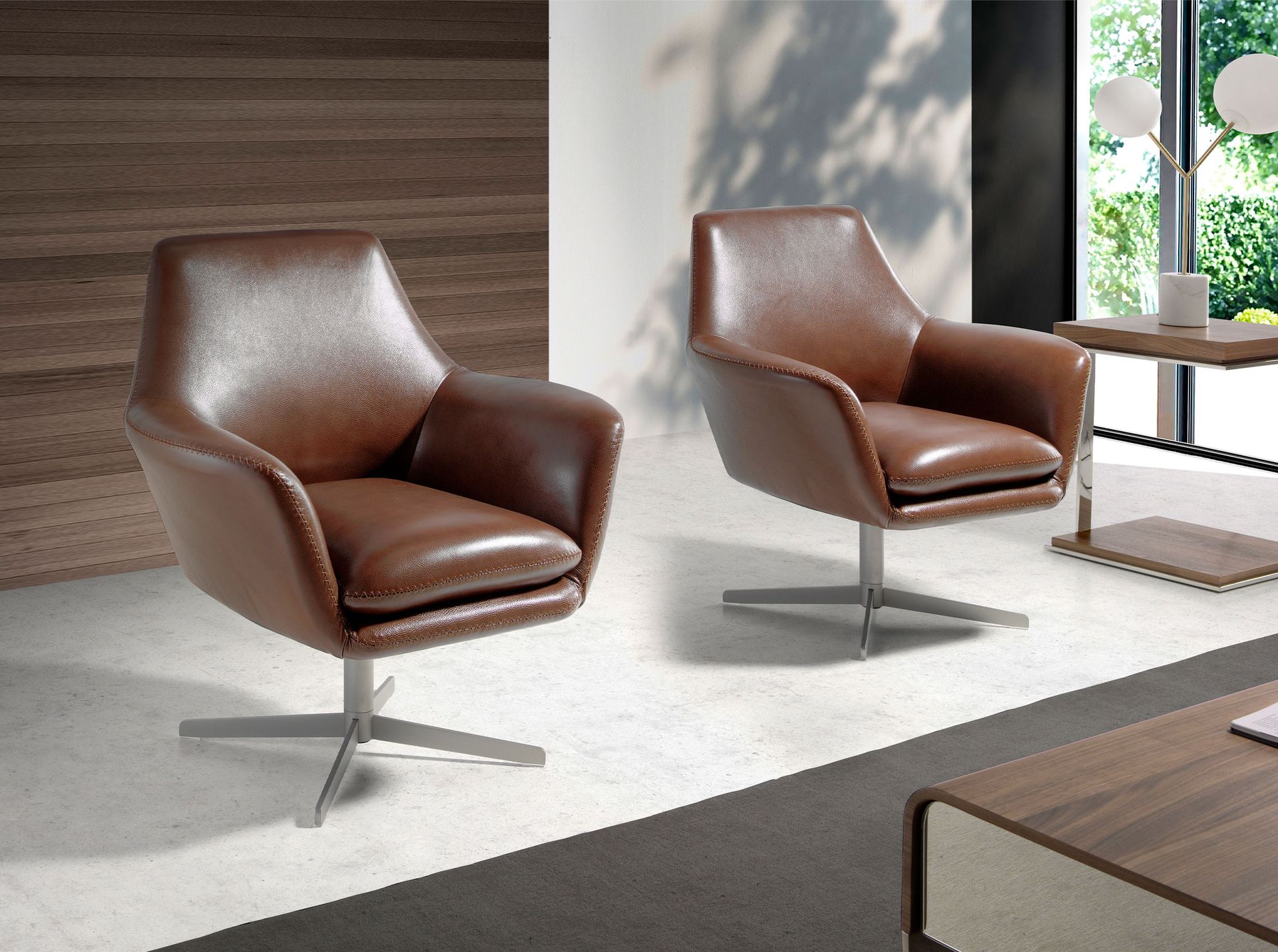Cognac brown leather swivel armchair 5093