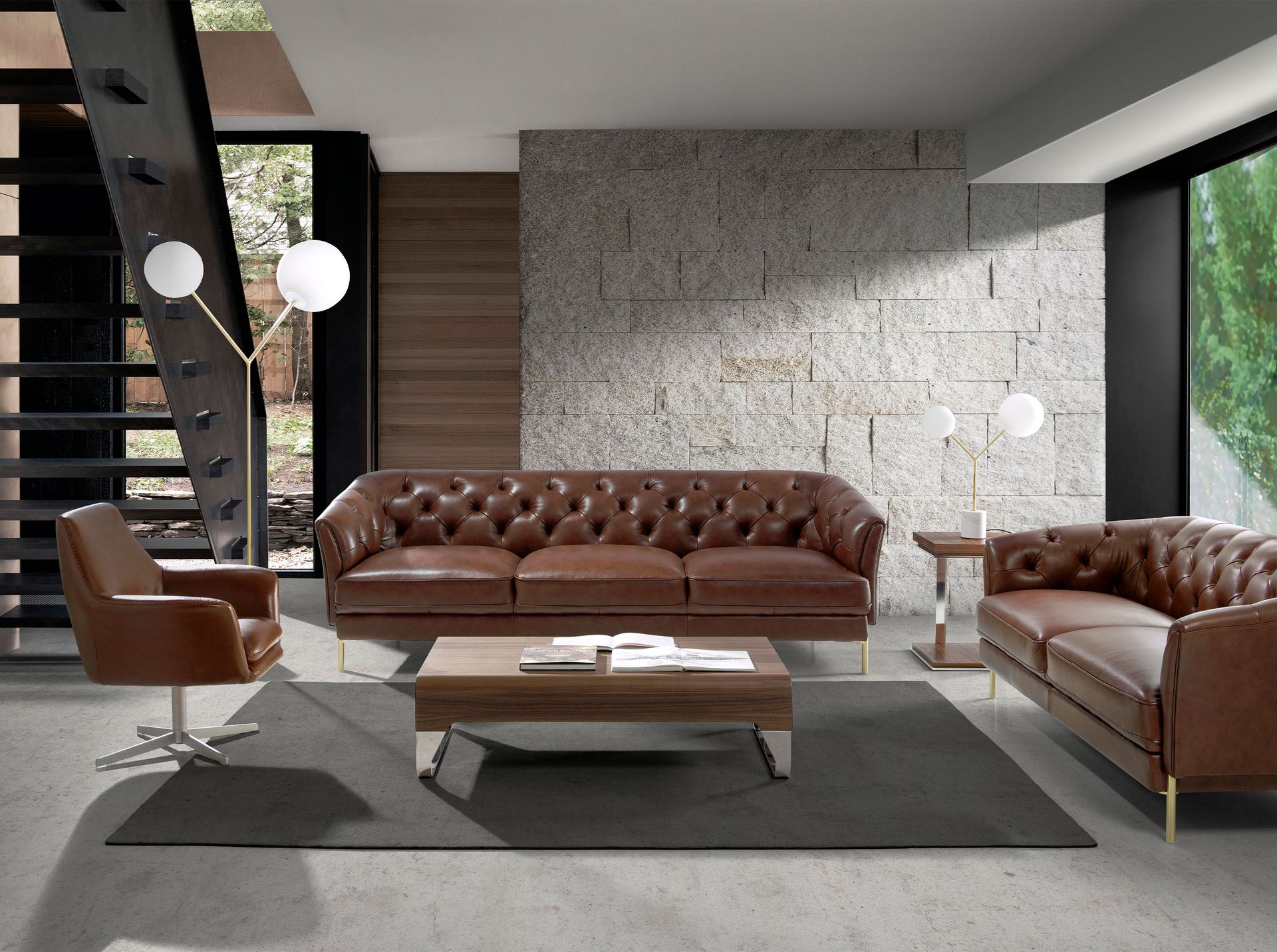 Cognac brown leather swivel armchair 5093