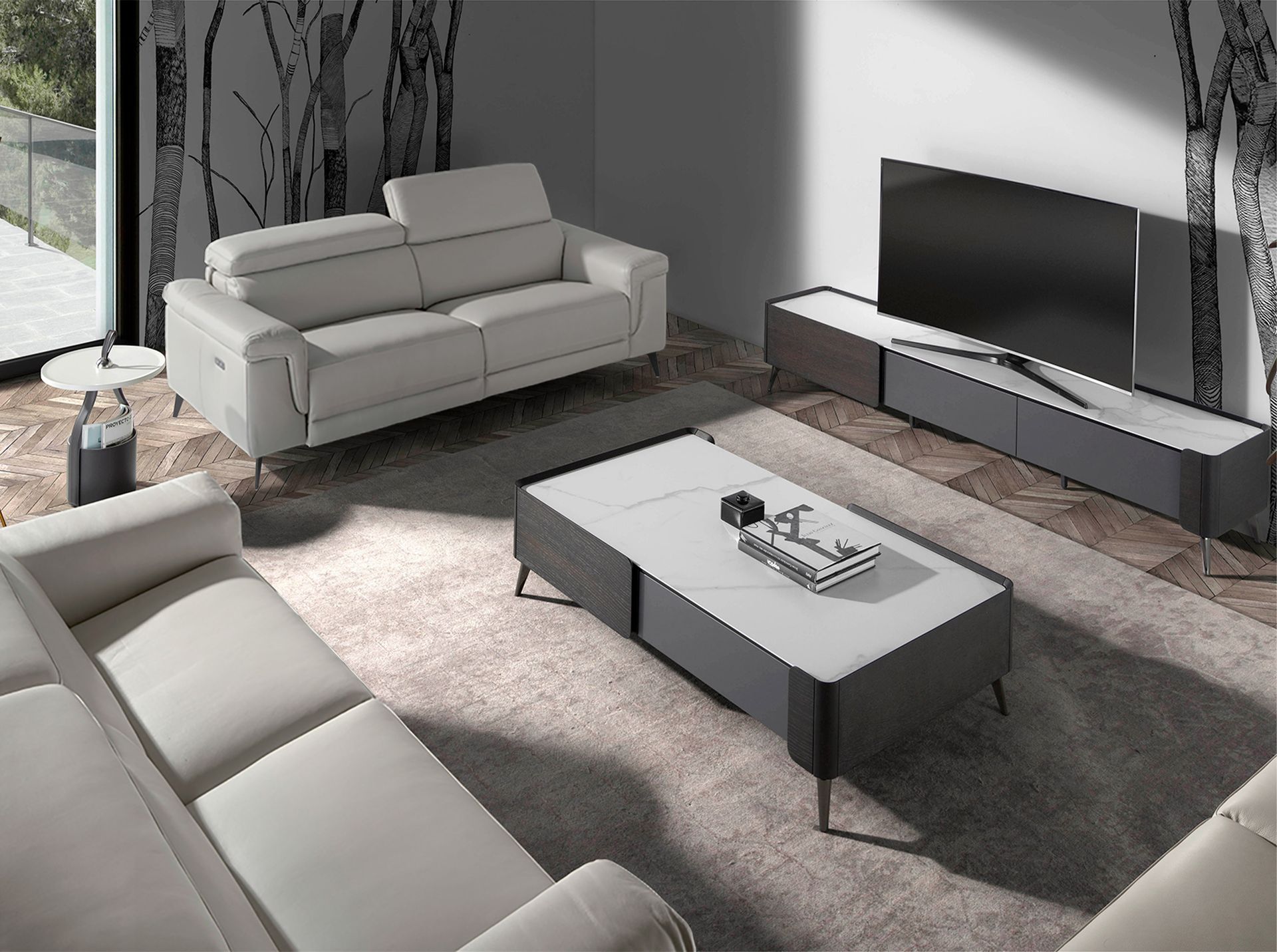 2 seater relaxation sofa in grey leather 6107