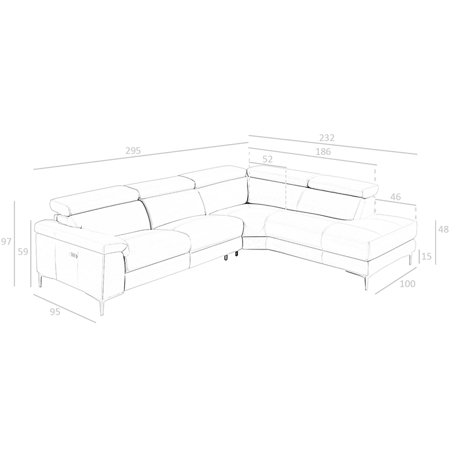Sofa Chaise Longue Right 6111 with recliner system leather dark grey