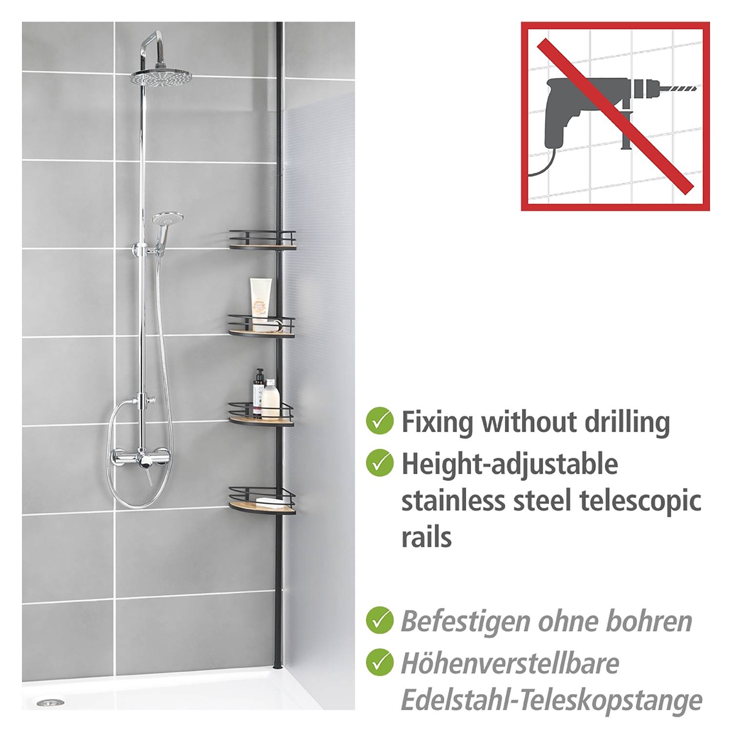 Dolcedo I Telescopic corner shelf Stainless steel Black