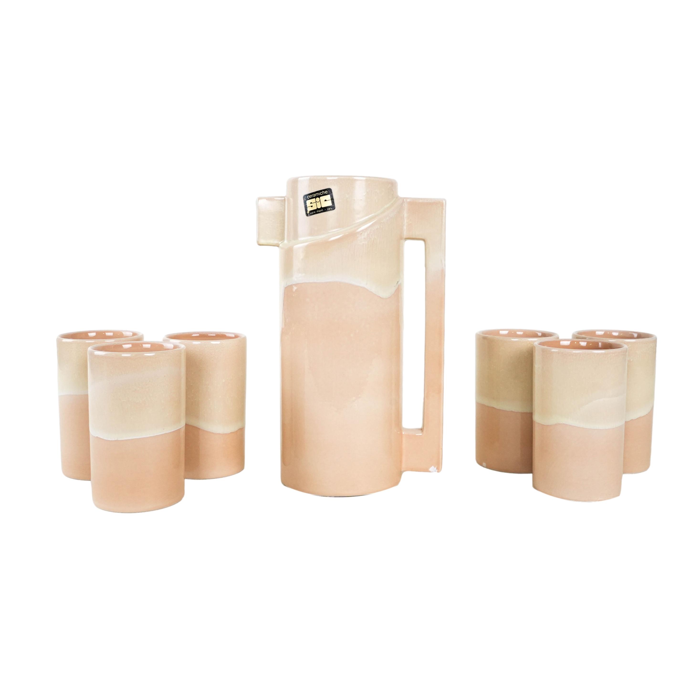 Brocca in ceramica e set di tazze beige anni '60