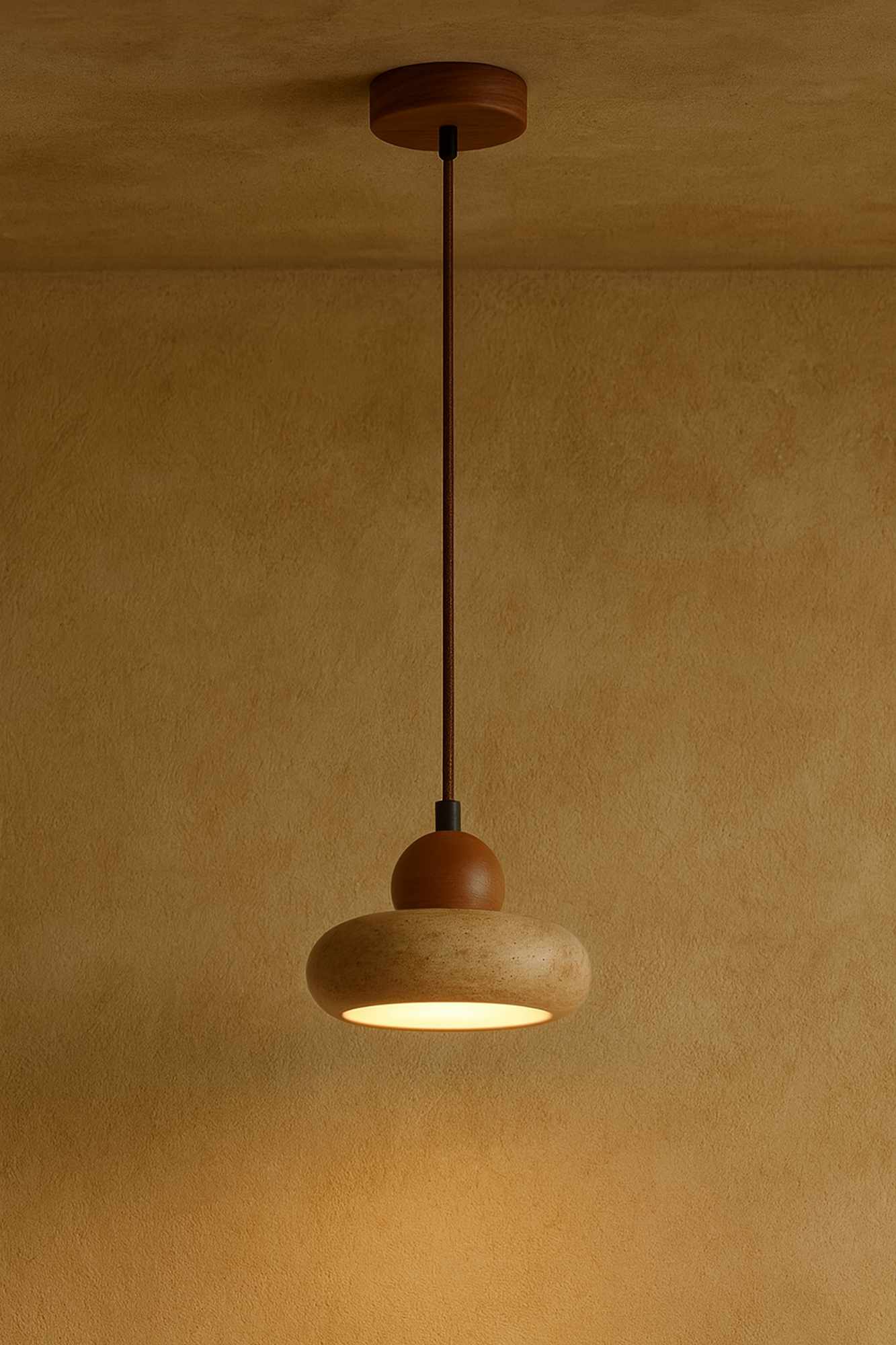 Round Pendelleuchte Eichenholz Travertin Creme