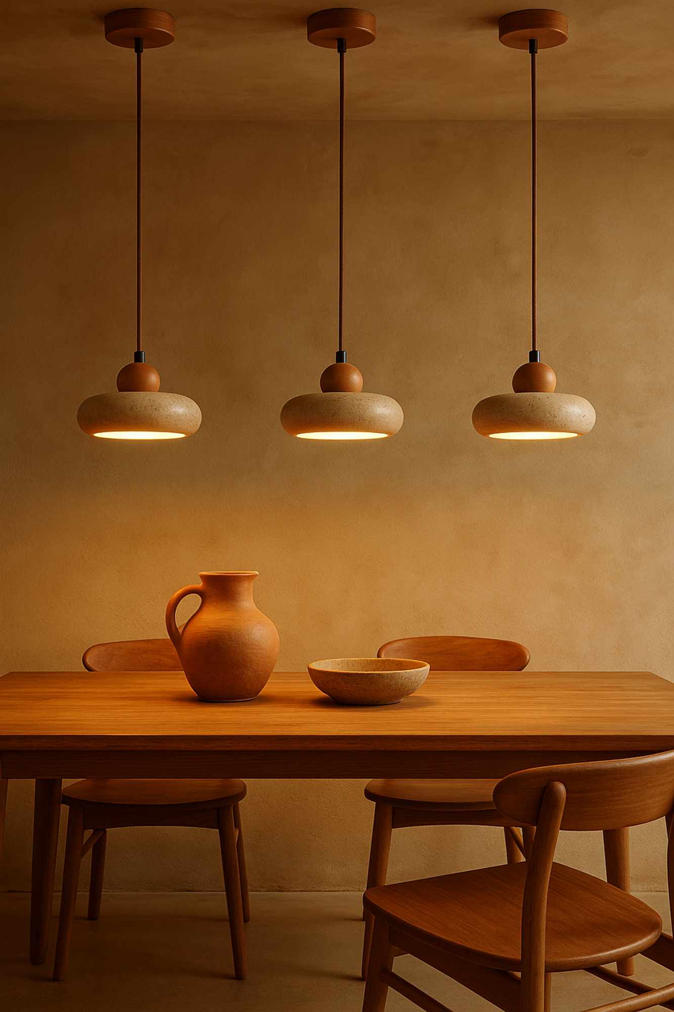 Round Pendant Light Oak Wood Travertine Cream
