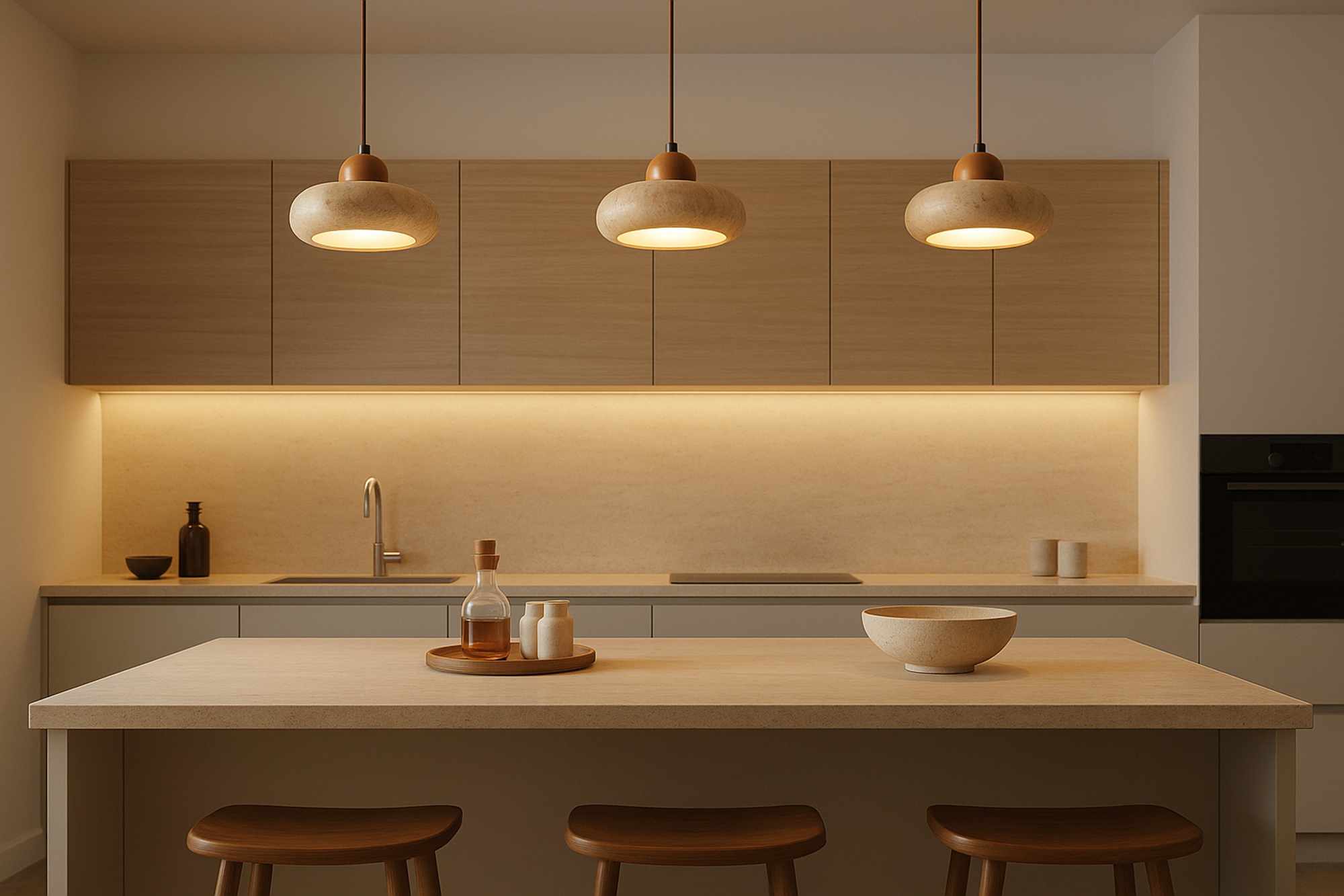 Round Pendant Light Oak Wood Travertine Cream