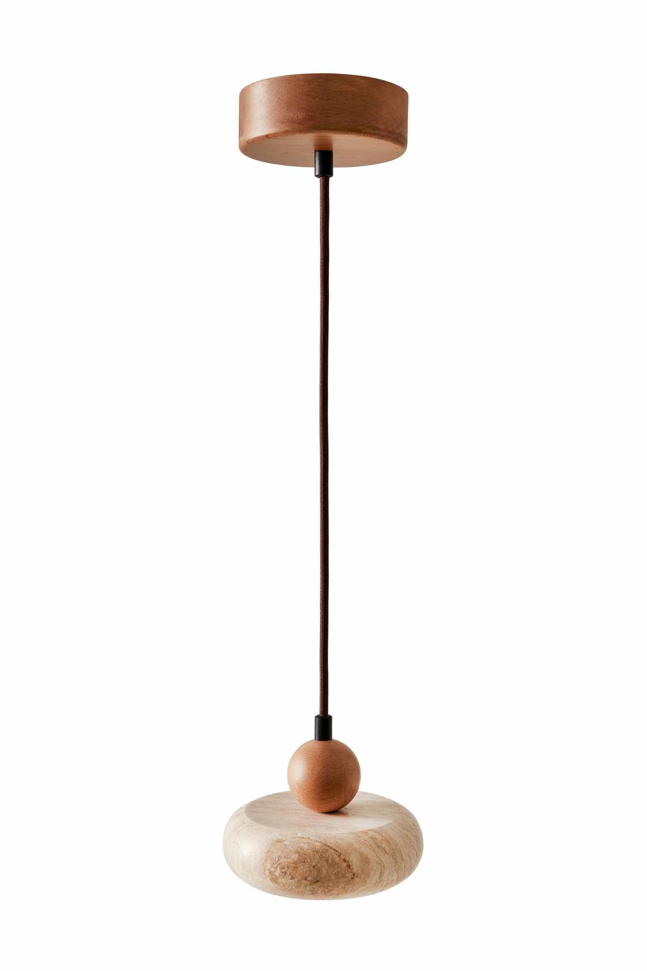 Round Pendant Light Oak Wood Travertine Cream