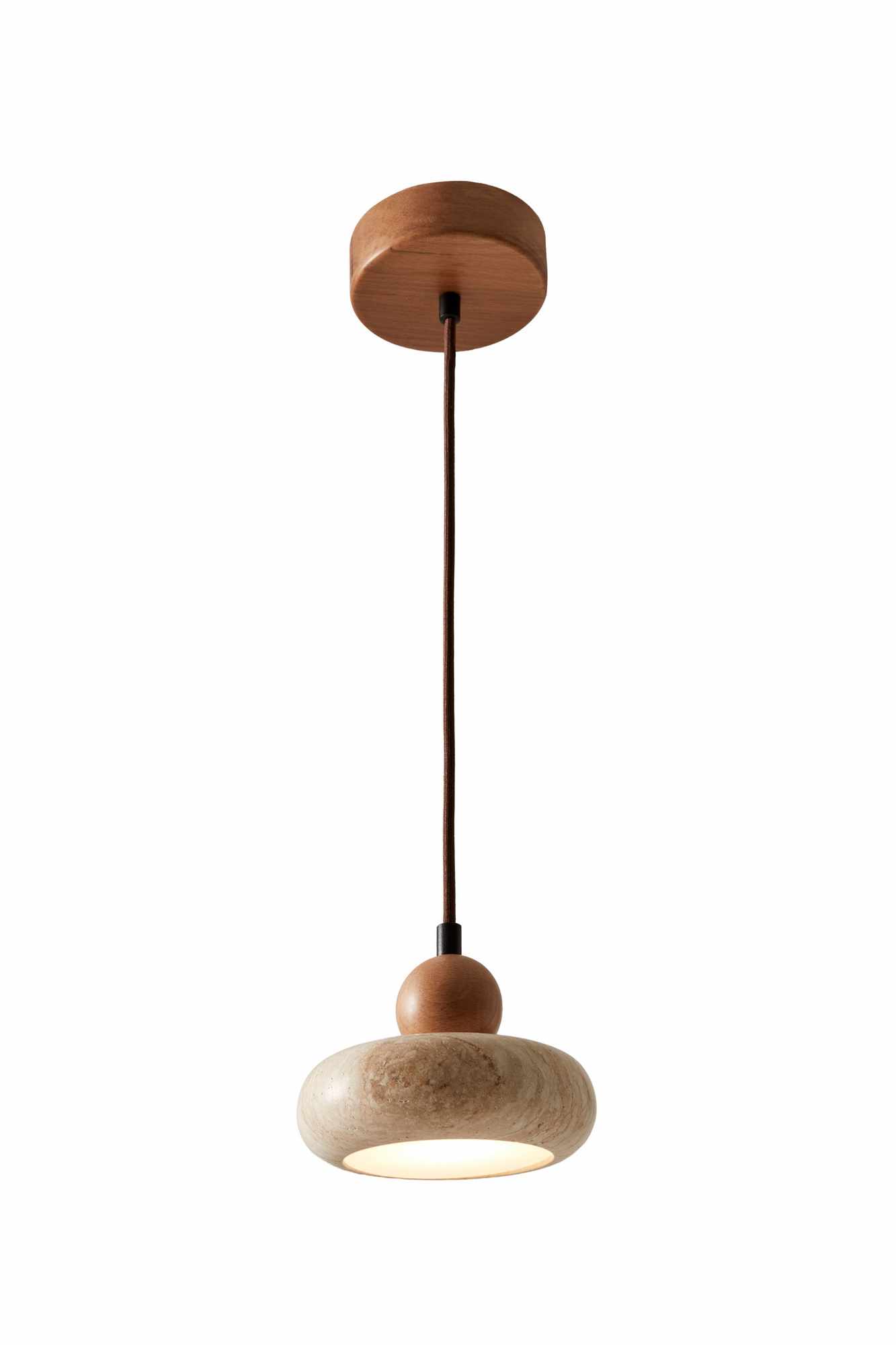 Round Pendant Light Oak Wood Travertine Cream