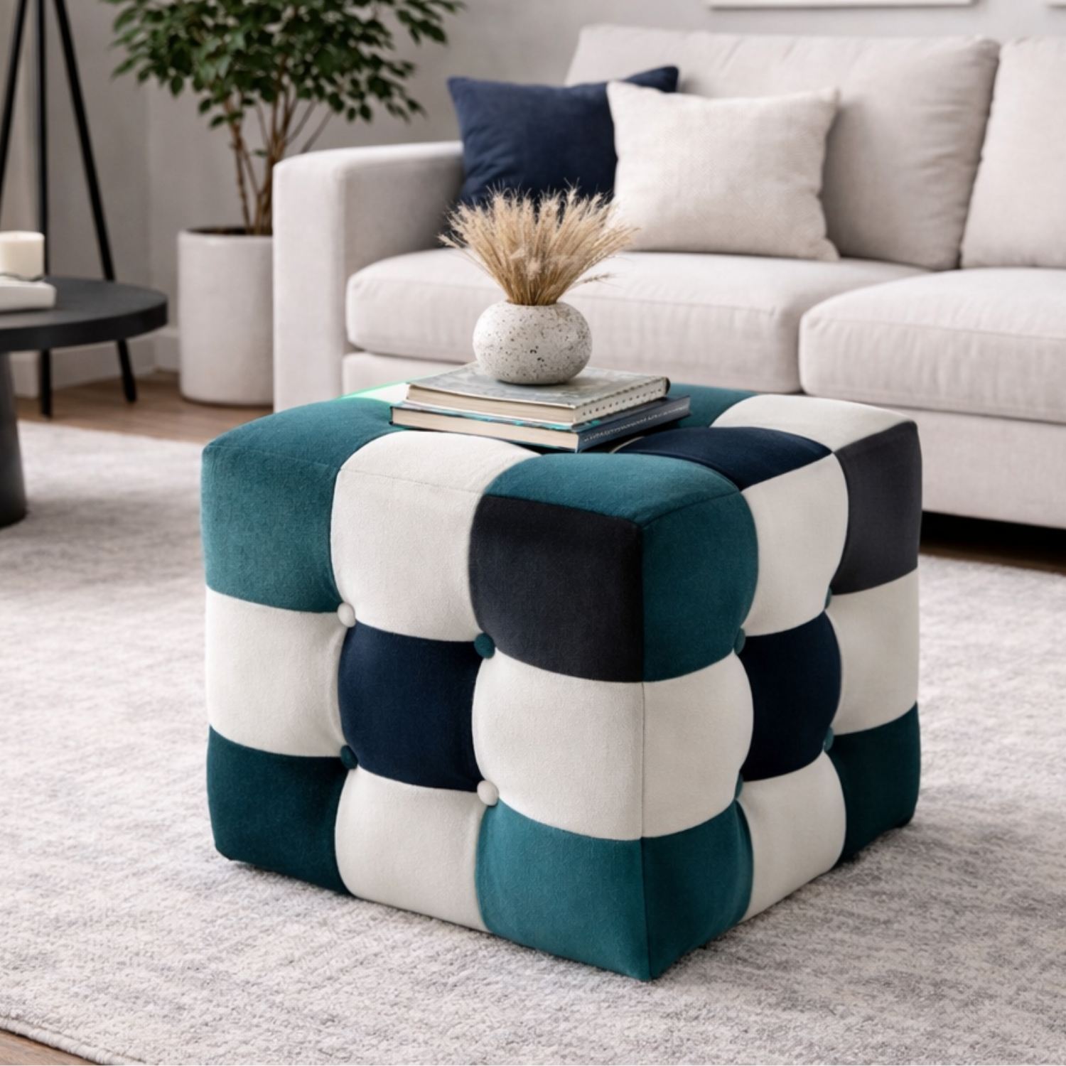 Patchwork Stool Velvet White Blue