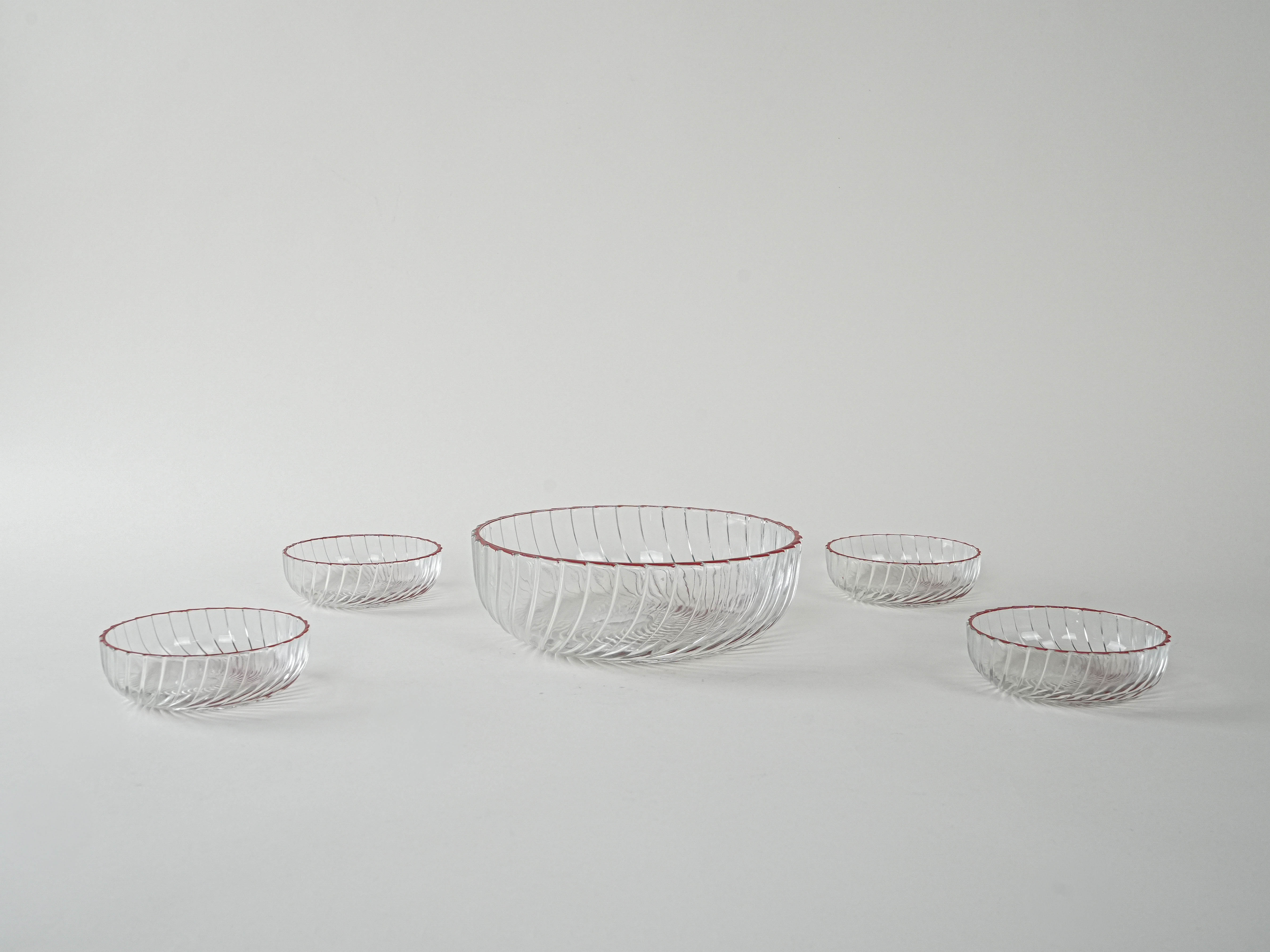 Glass bowls set 5-piece Transparent Red 1970s