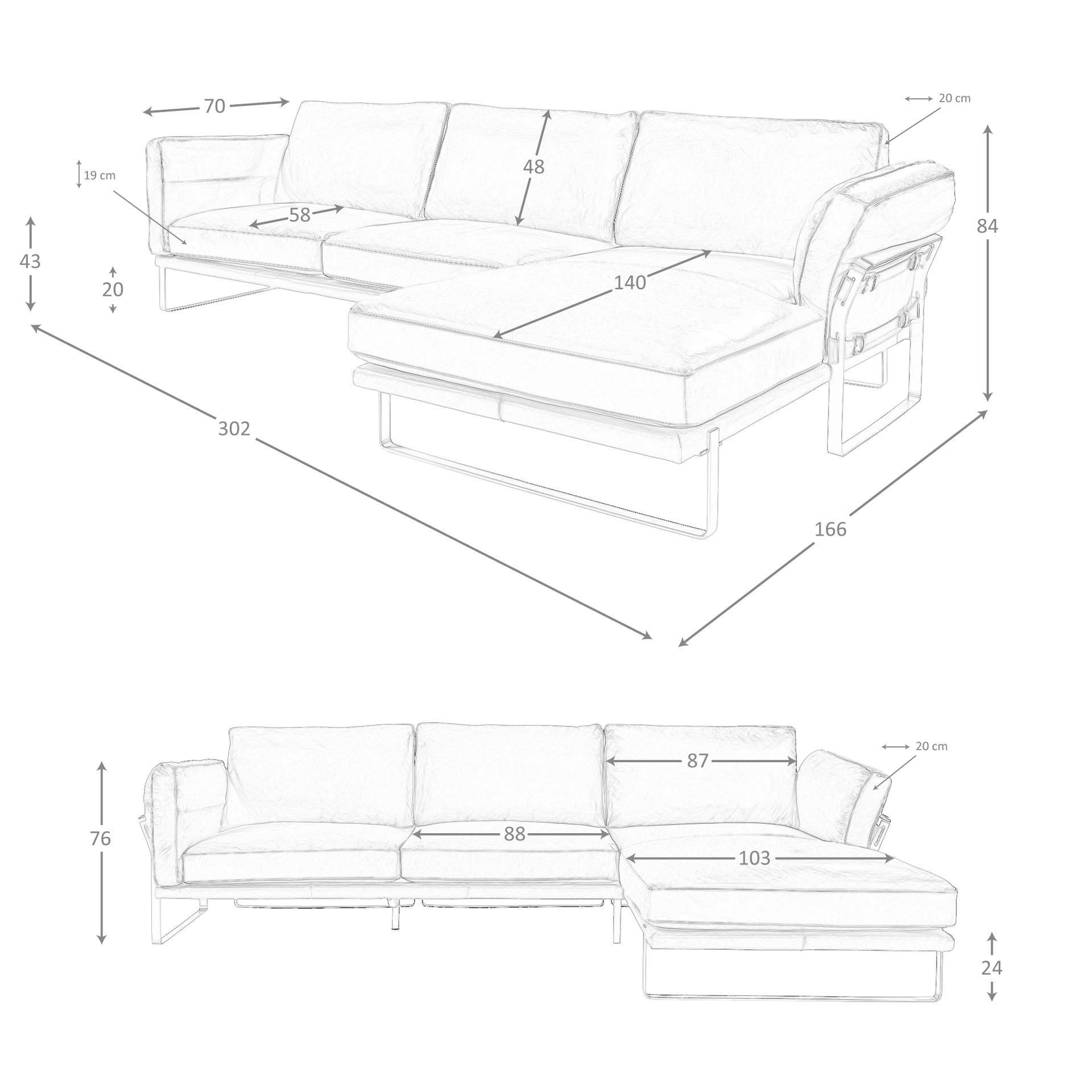 Sofa mit Récamiere rechts aus camel-farbenem Leder 6232