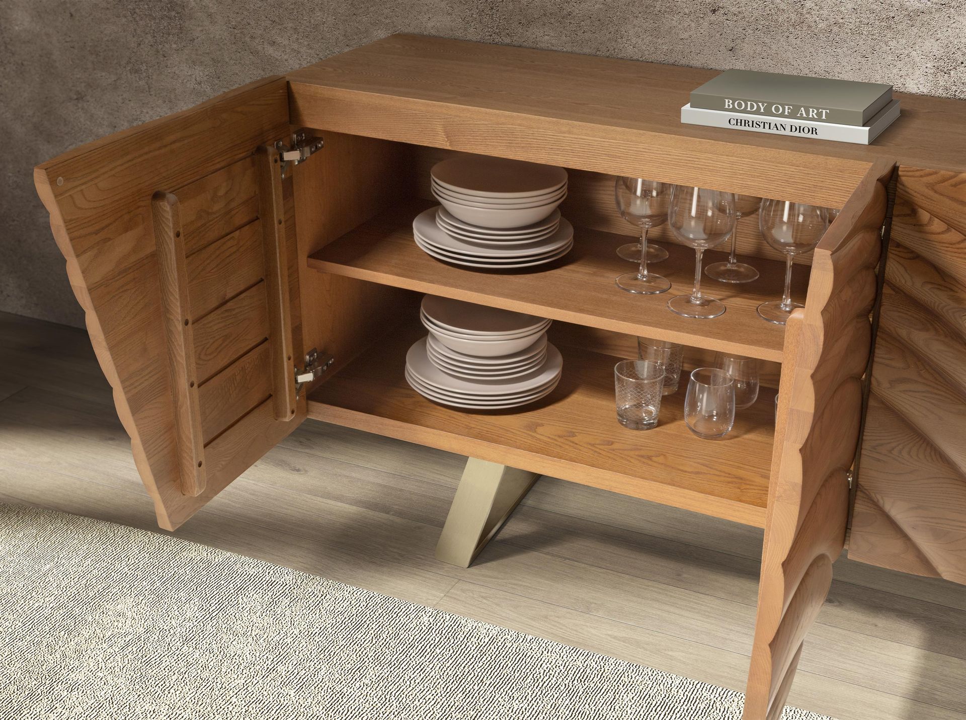 Sideboard in Nussbaum hell und poliertem Stahl 3298