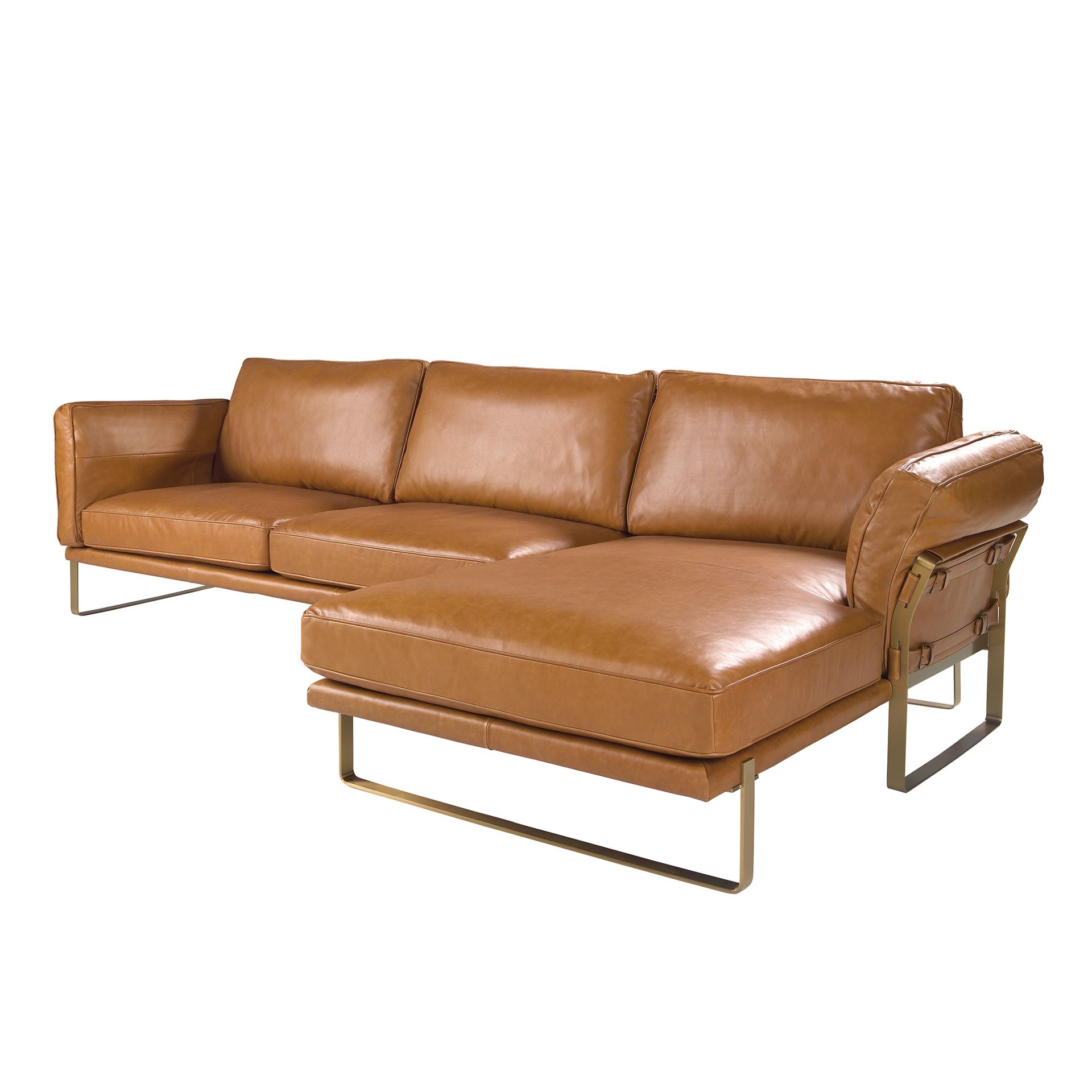 Sofa mit Récamiere rechts aus camel-farbenem Leder 6232
