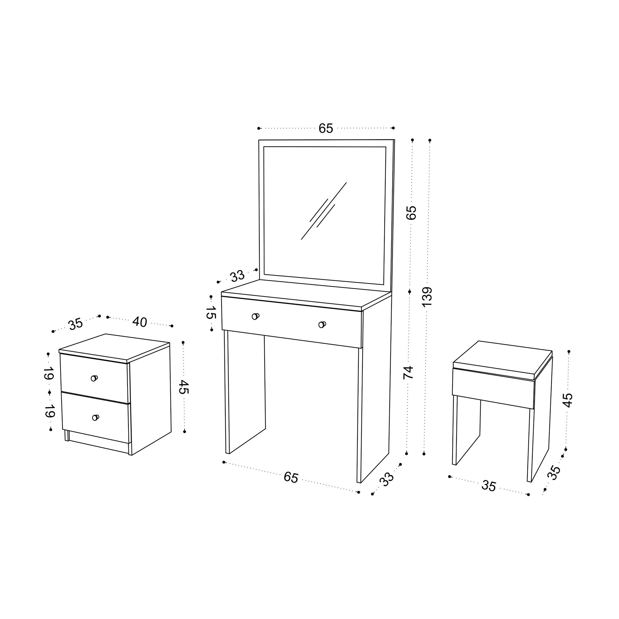 Nett Dressing Table 3-piece Set Wood-based Material White