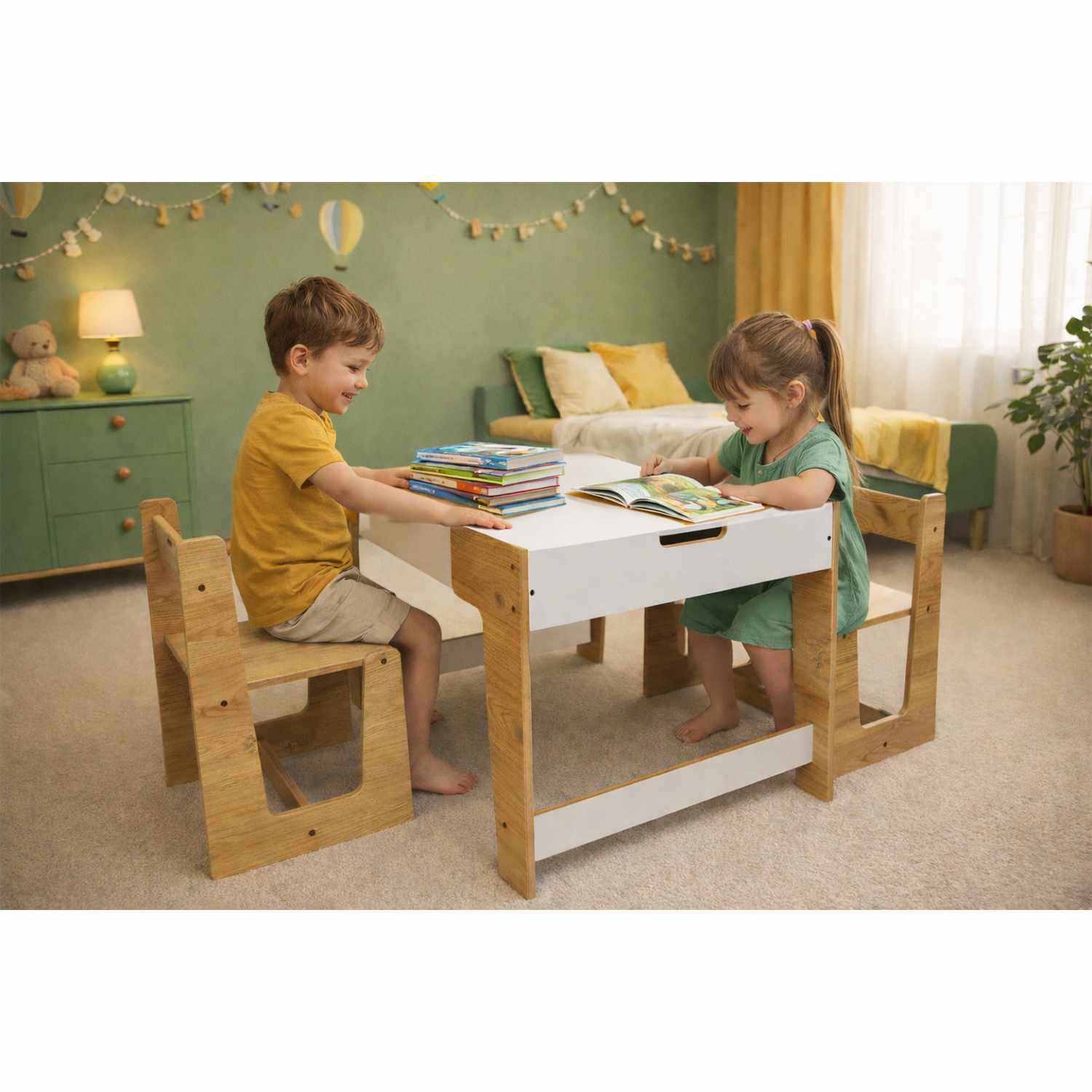 Phoenix 2 Kanal Kindertisc 3er Set MDF Weiß Natur 