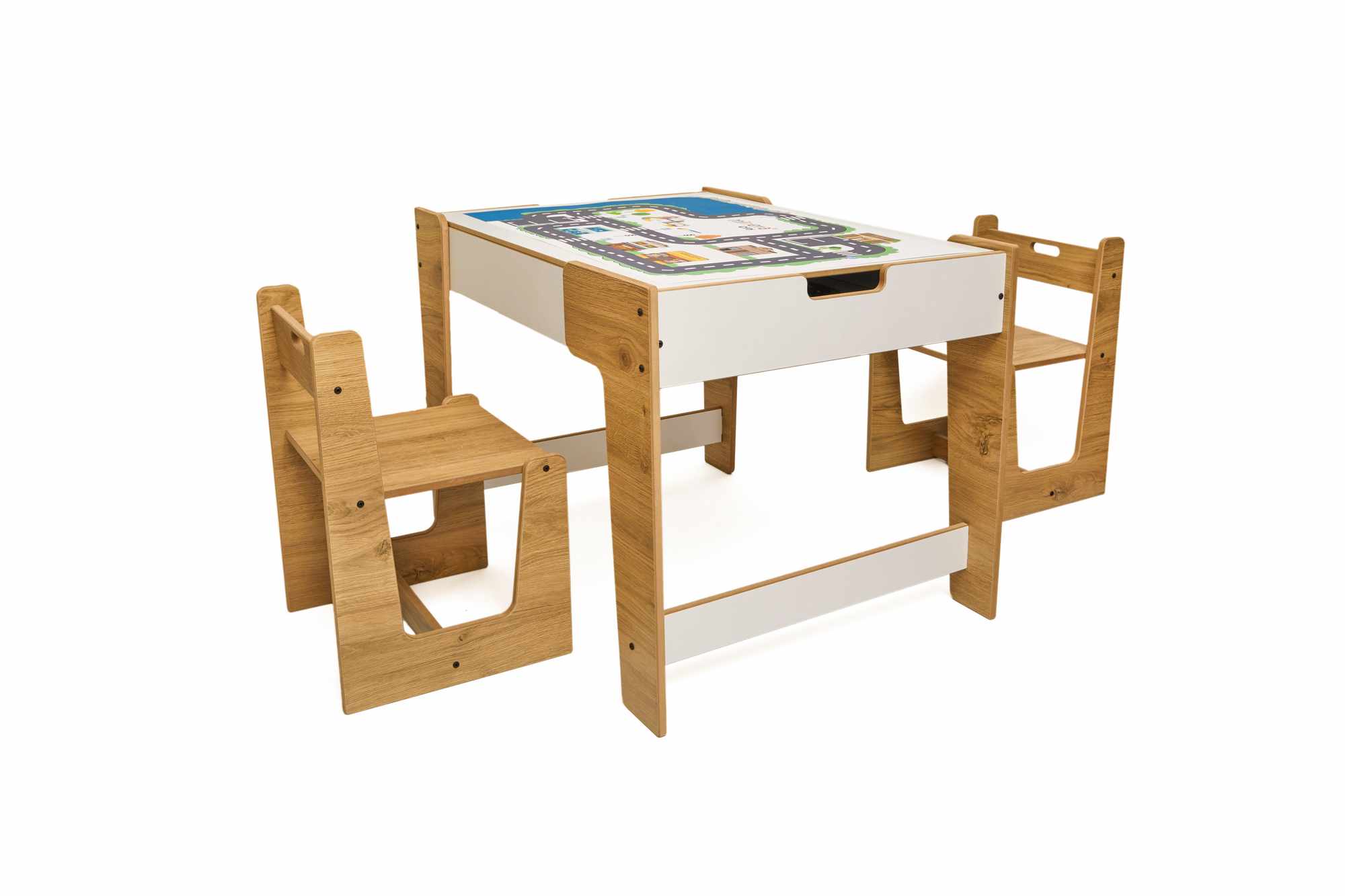 Phoenix Set di 3 tavolini per bambini a 2 canali in MDF Bianco Naturale