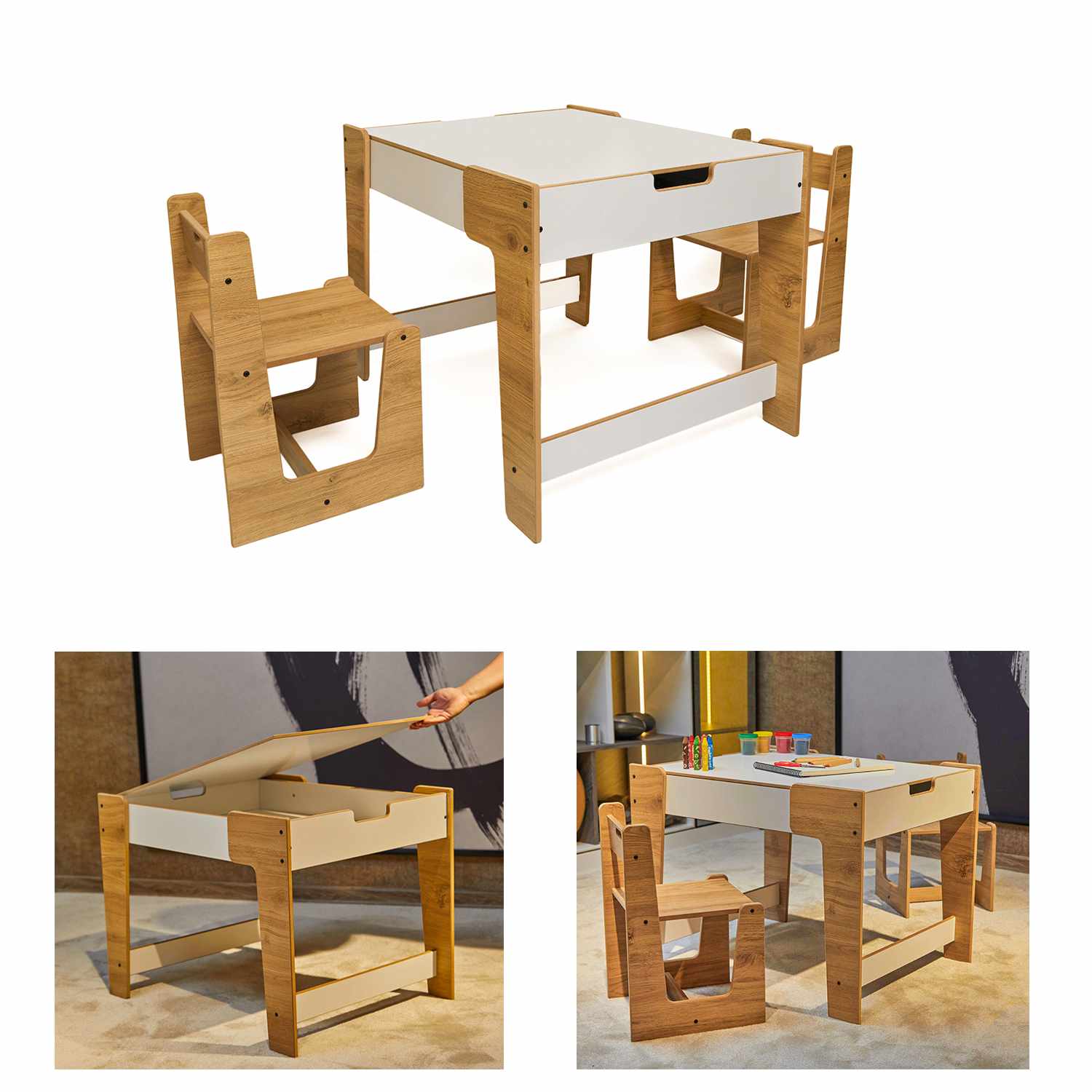 Phoenix 2 Channel Children's Table Set of 3 MDF White Natural