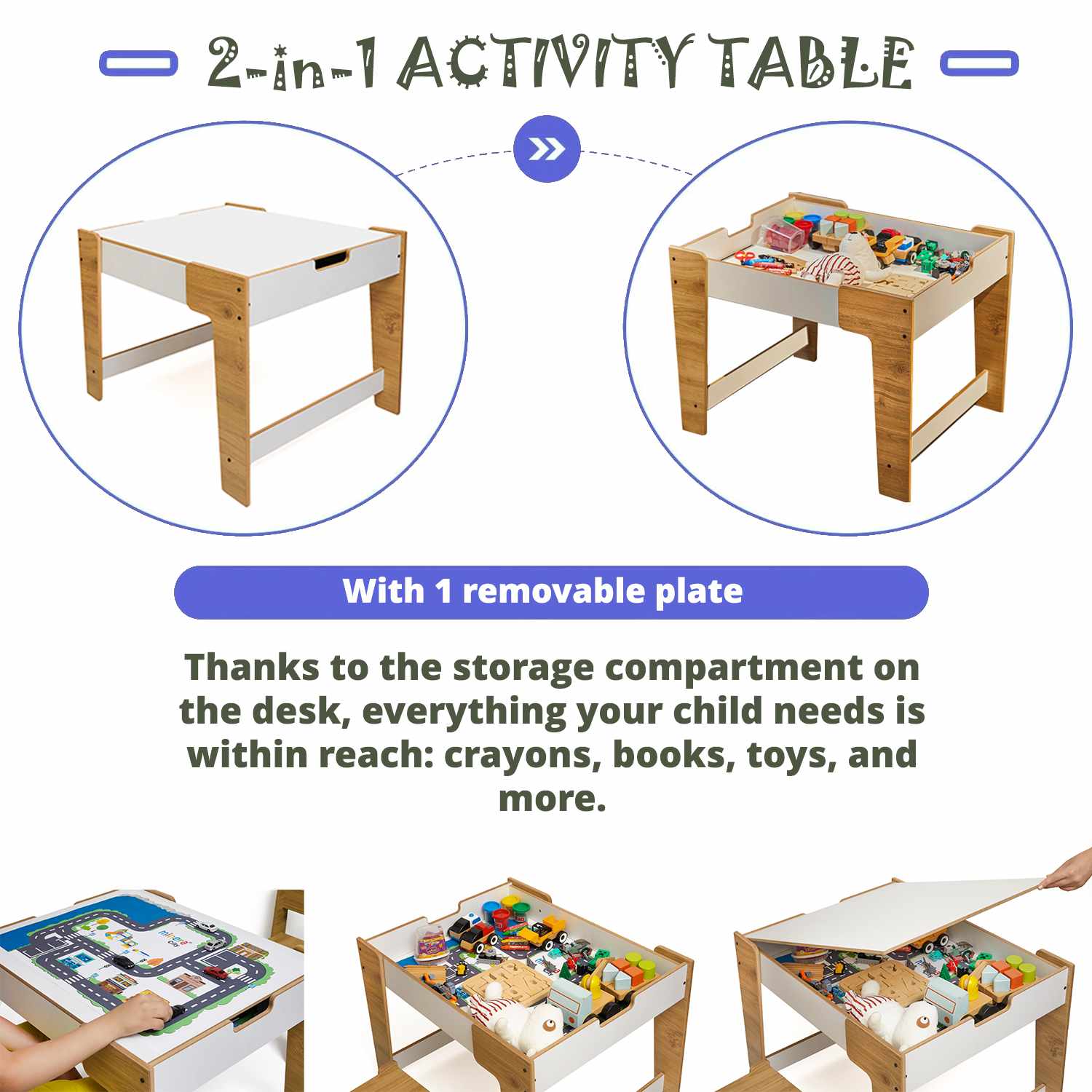 Phoenix 2 Channel Children's Table Set of 3 MDF White Natural
