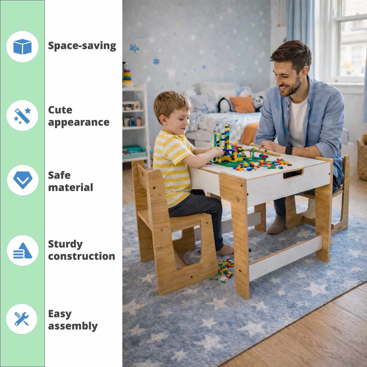 Phoenix 2 Channel Children's Table Set of 3 MDF White Natural