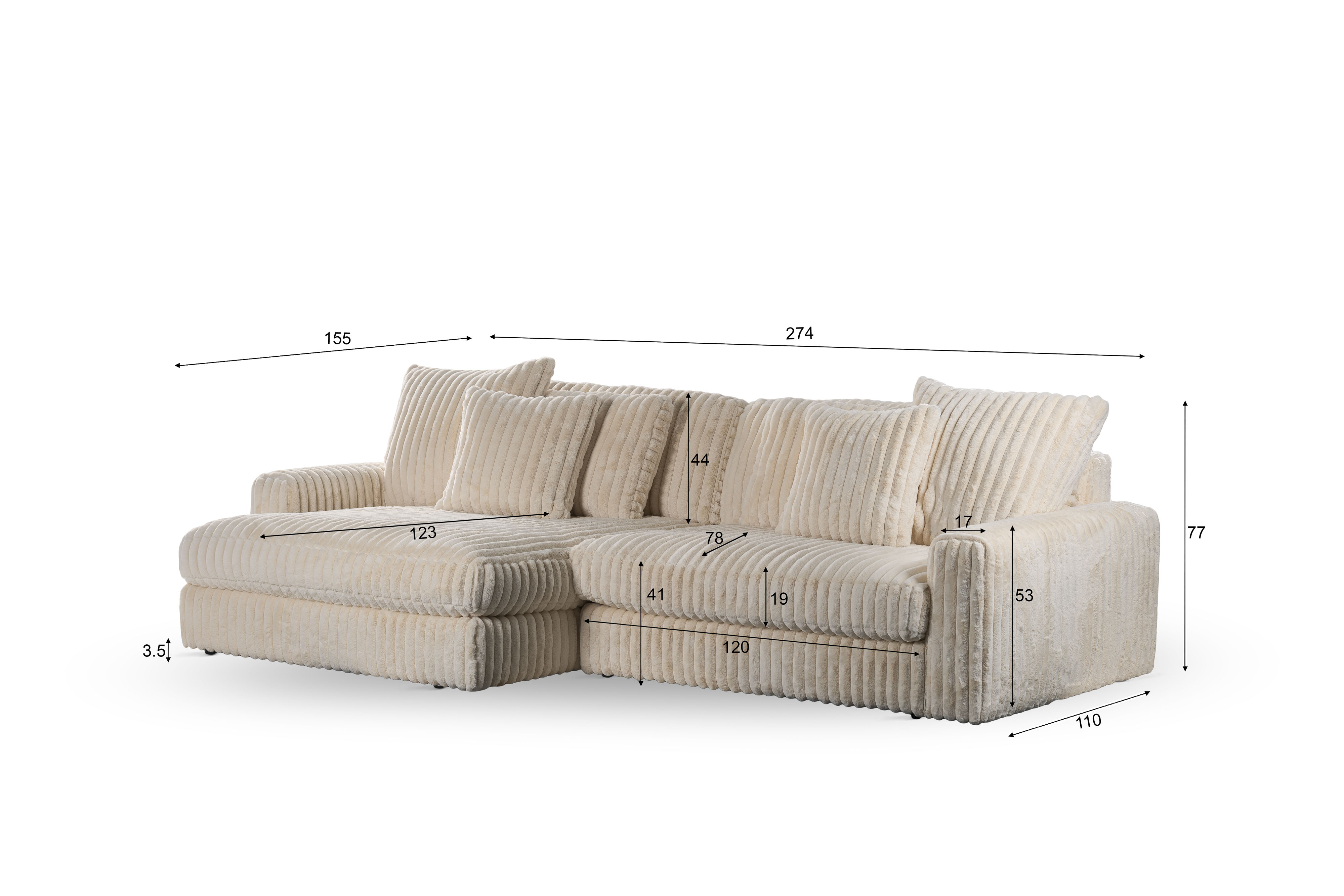Sofa 3-Sitzer Cord Vito Creme