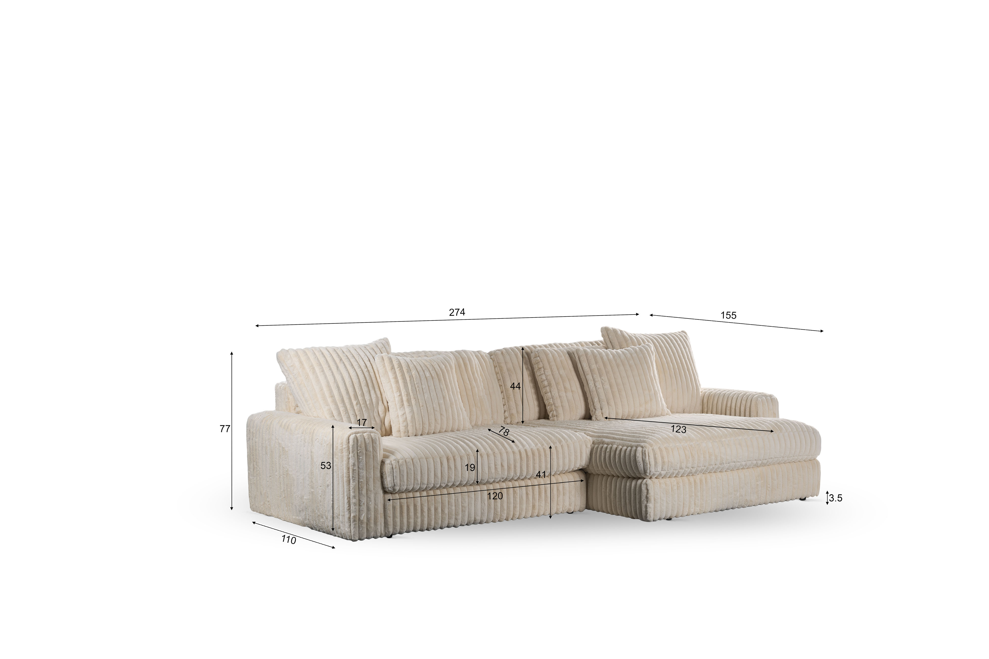 Sofa 3-Sitzer Cord Vito Creme