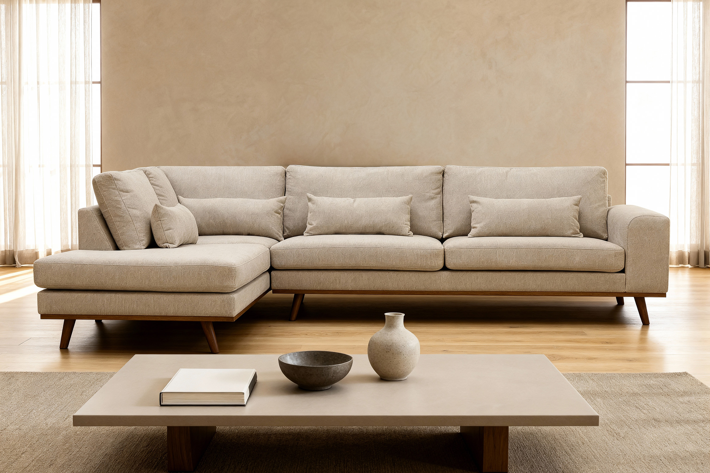 Corner Sofa Paloma 3-Seater Left Fabric Beige