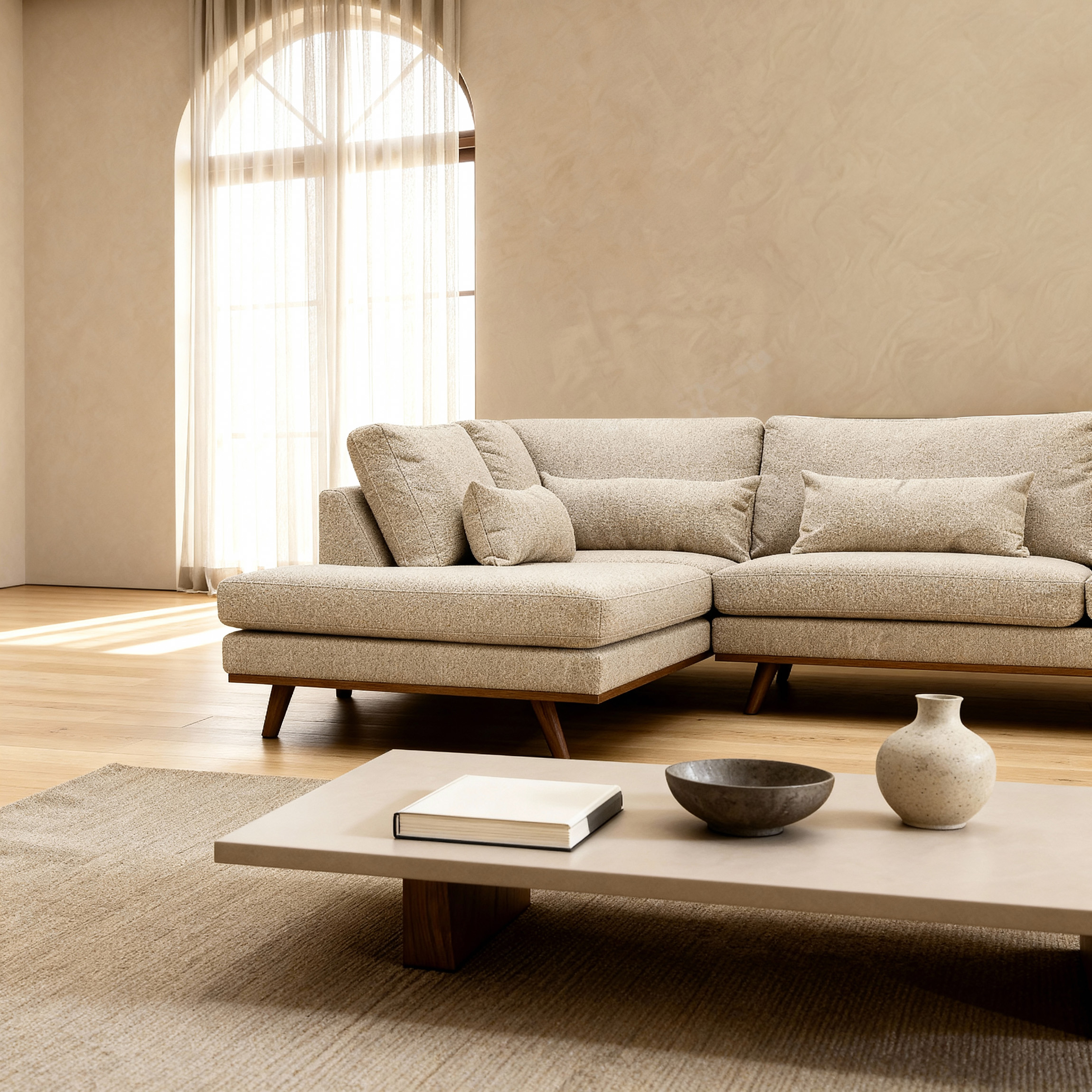 Corner Sofa Paloma 3-Seater Left Fabric Beige