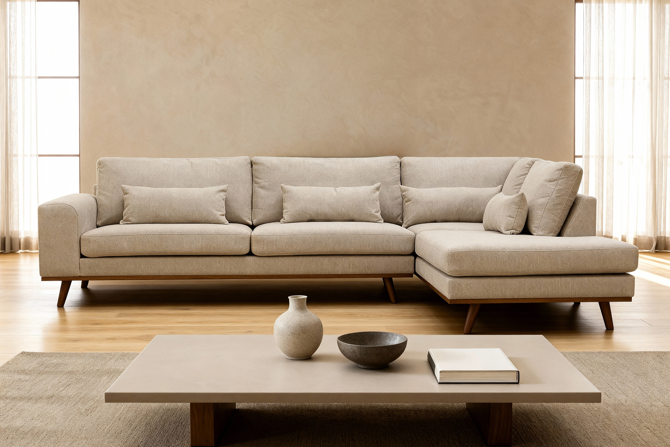 Corner Sofa Paloma 3-Seater Right Fabric Beige
