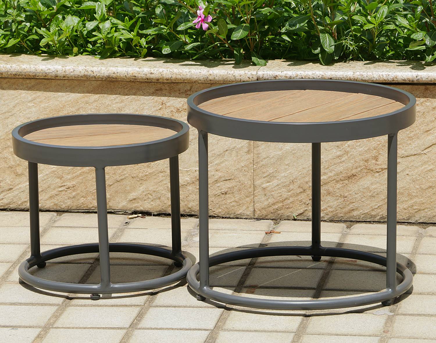 Silea Side Table Set of 2 Aluminum Teak Solid Wood Brown