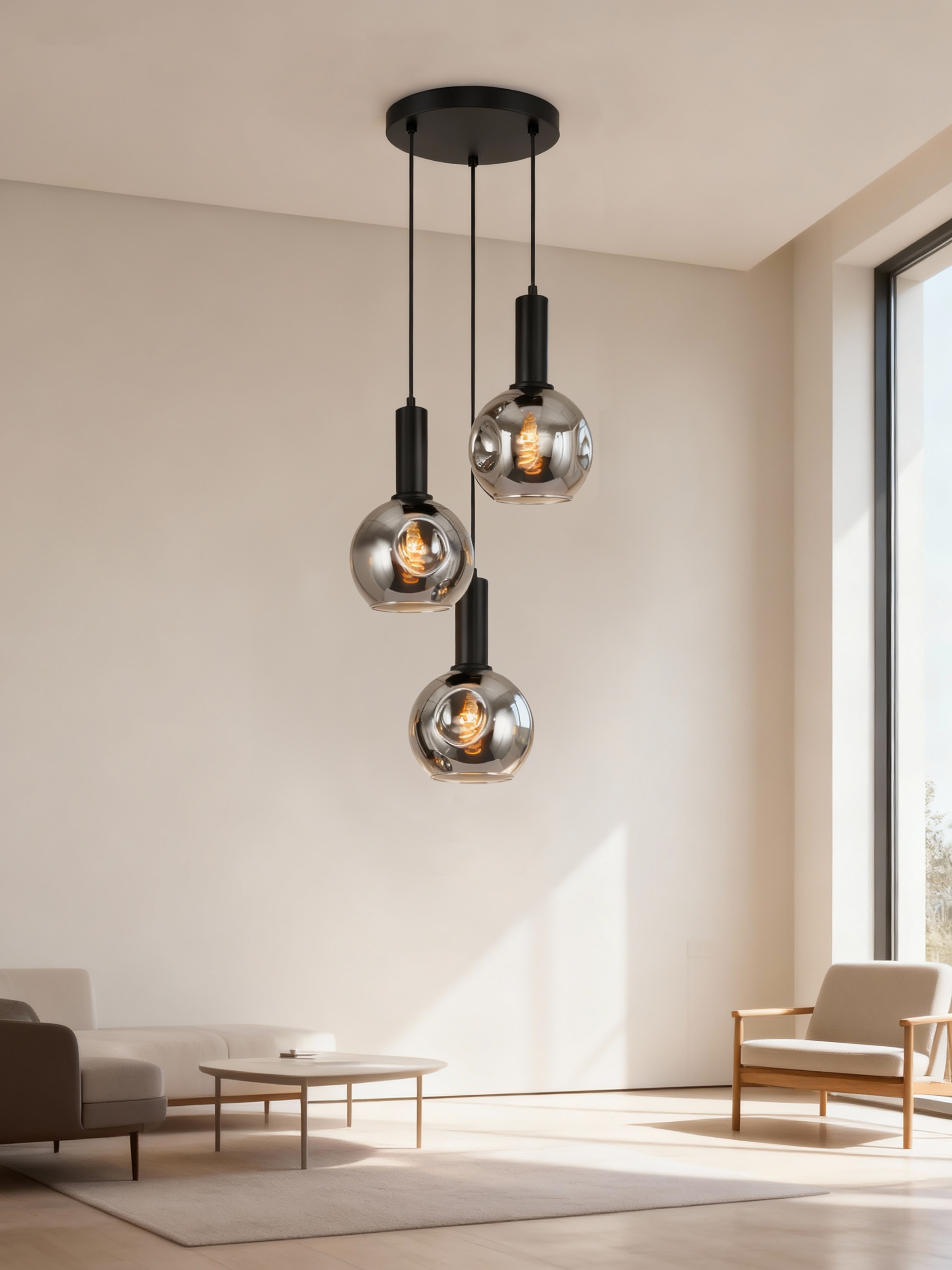 Ardeno Round Pendant Light 3-Light Smoked Glass Black