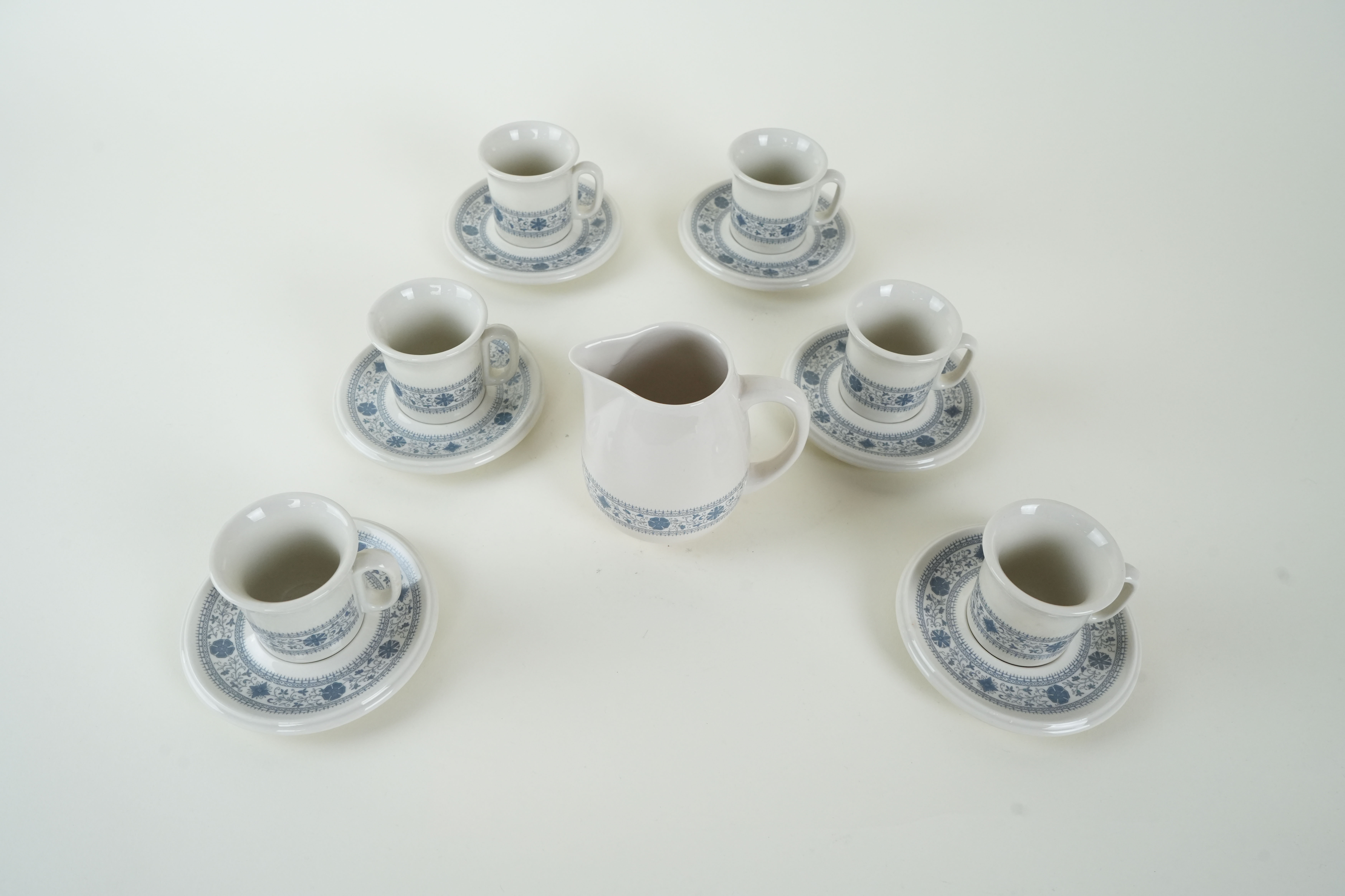 Vintage Tea Set of 13 Porcelain Ivory Blue 1970s
