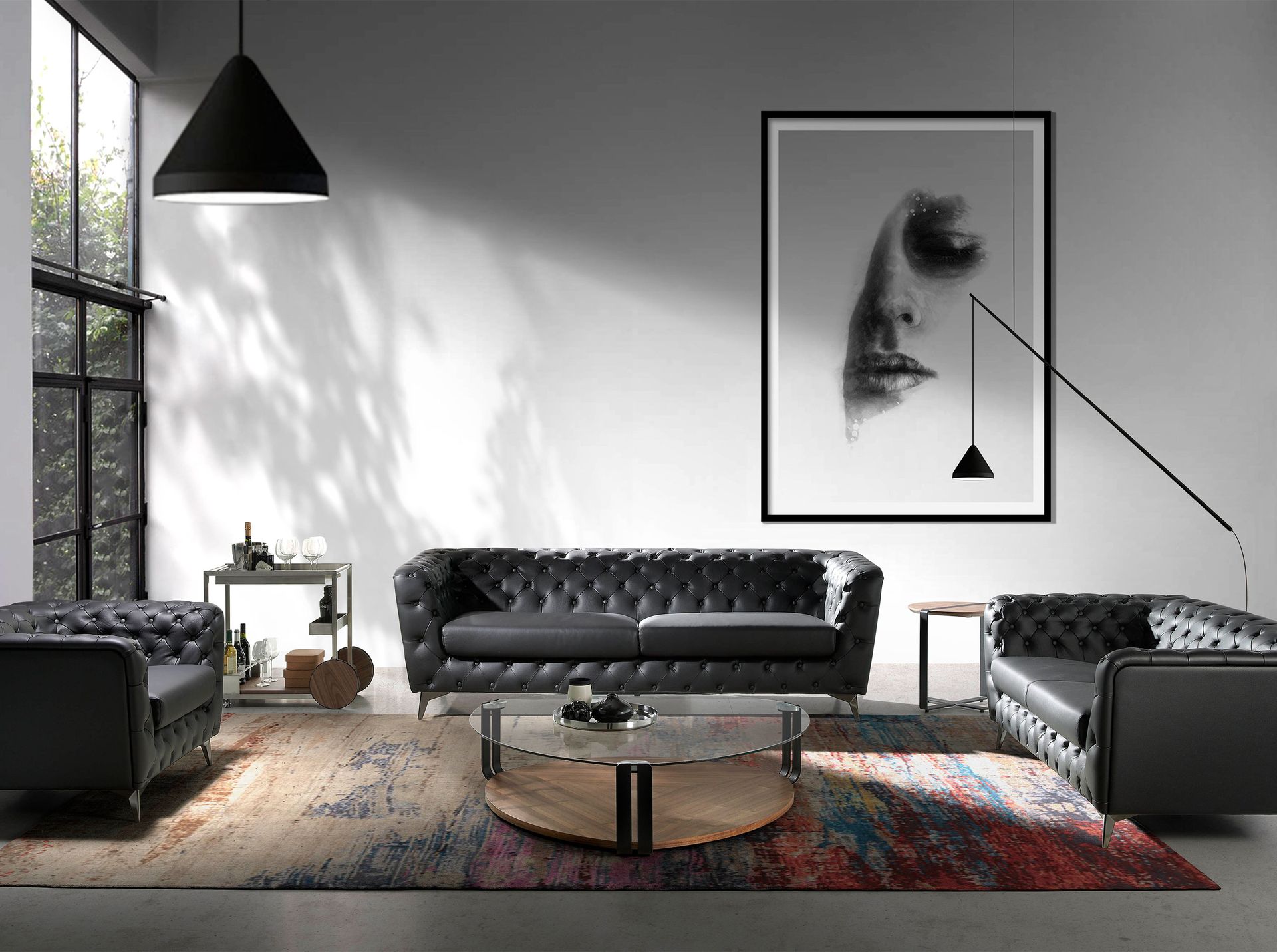 Couchtisch Glas Stahl und Walnuss Schwarz 2055
