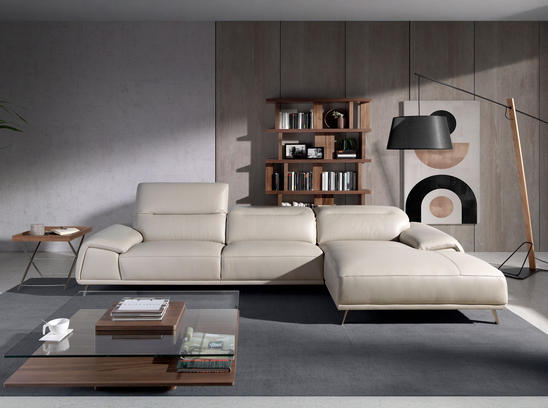 Right chaise longue couch leather taupe grey 6150