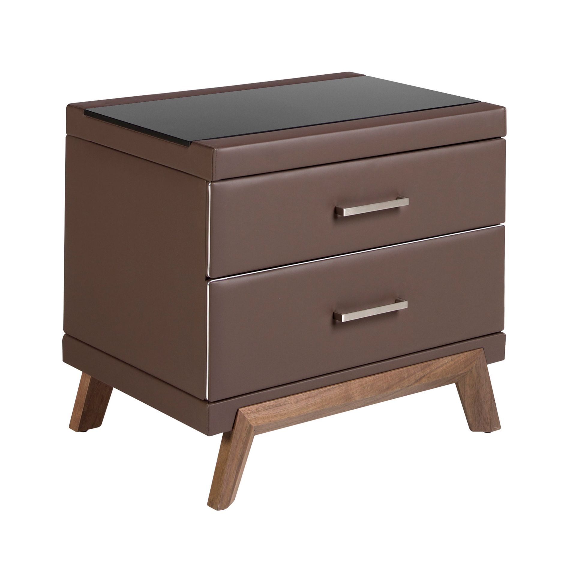 Nightstand Faux Leather Walnut with black glass top 7162