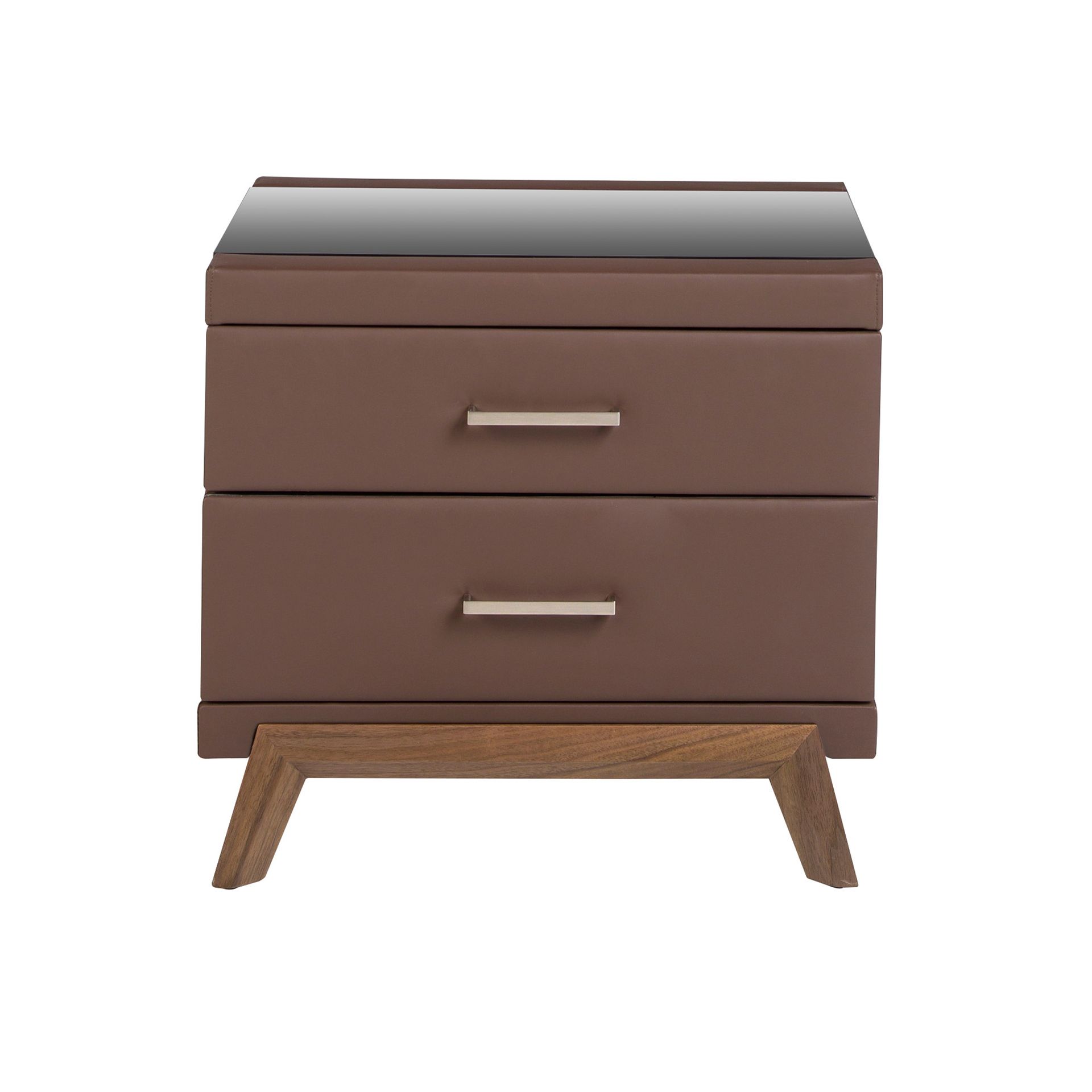 Nightstand Faux Leather Walnut with black glass top 7162