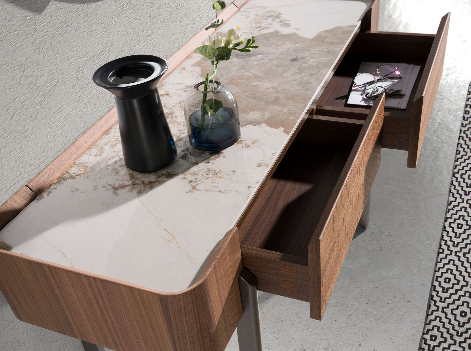 Console table porcelain marble walnut metal steel 3254