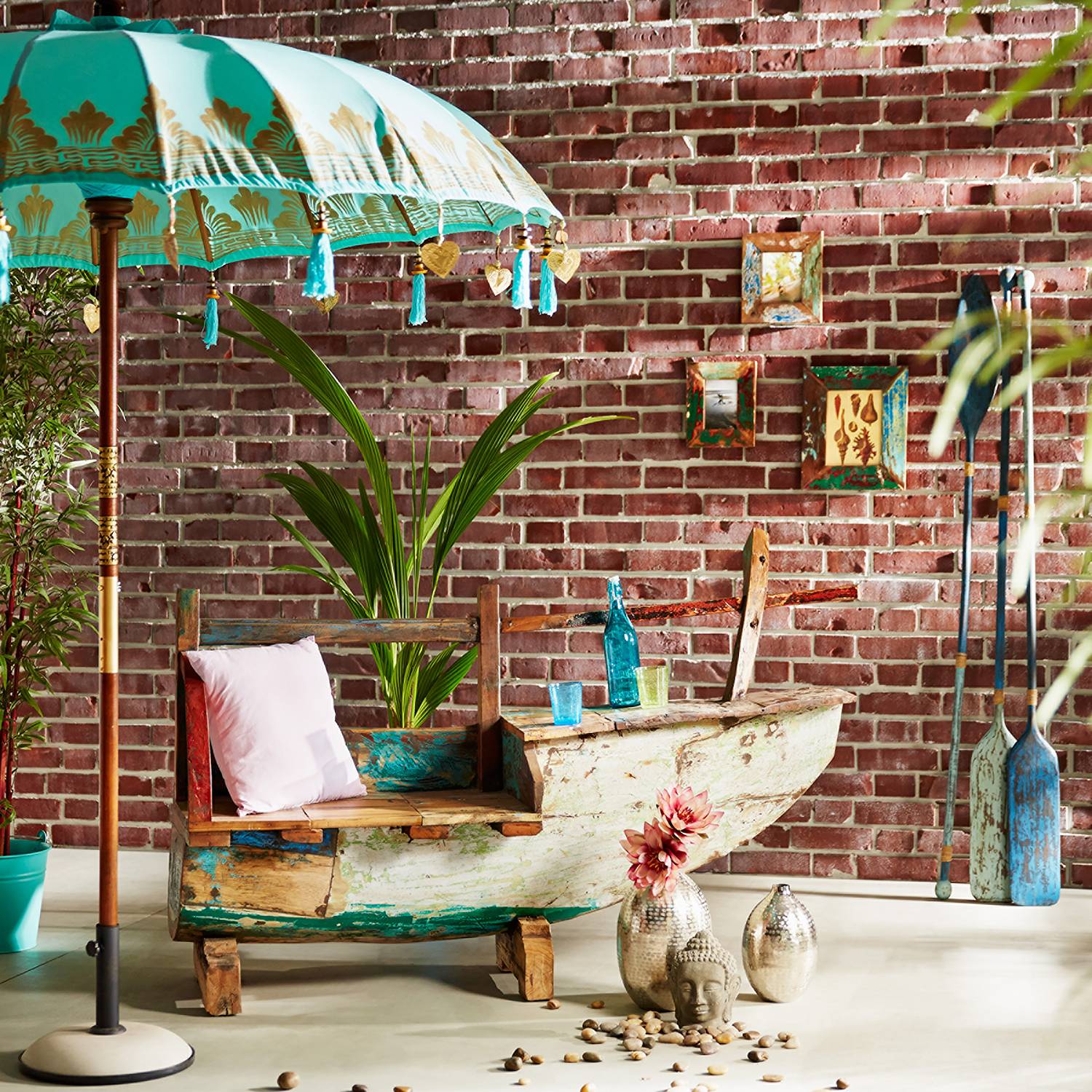ORIENTAL LOUNGE Parasol Cotton Fabric Fruitwood Turquoise