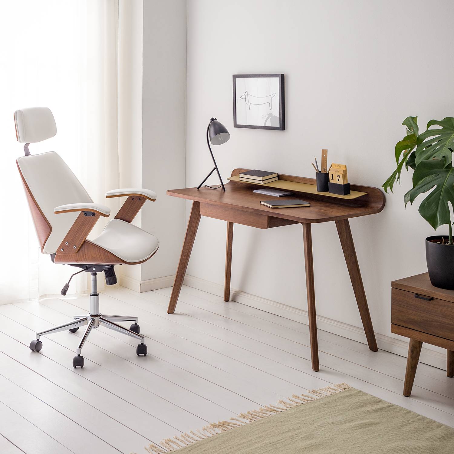 Viiki Office Swivel Chair Faux Leather Steel White Walnut