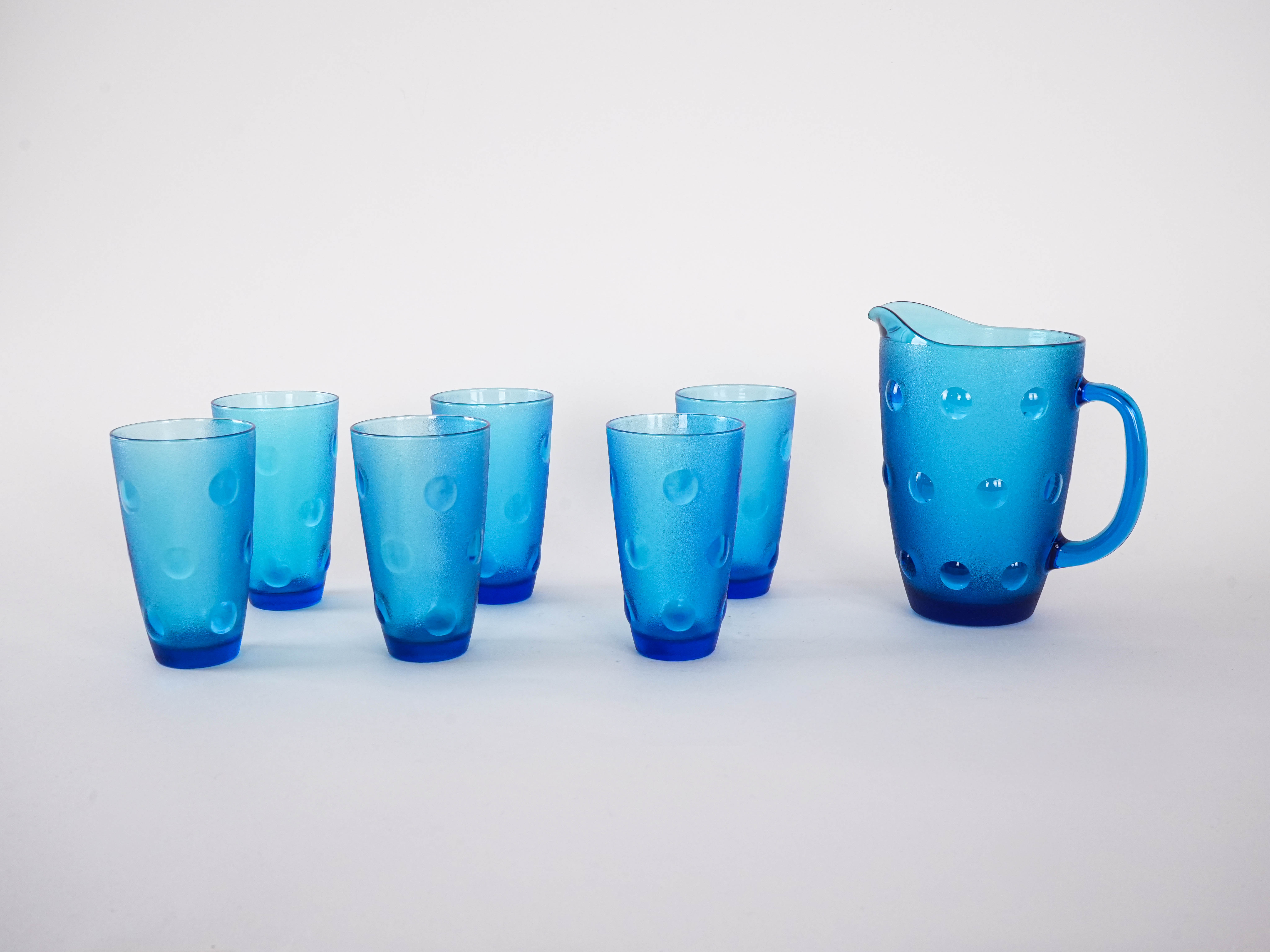 Gläser und Krug-Set Blau 1970er Jahre